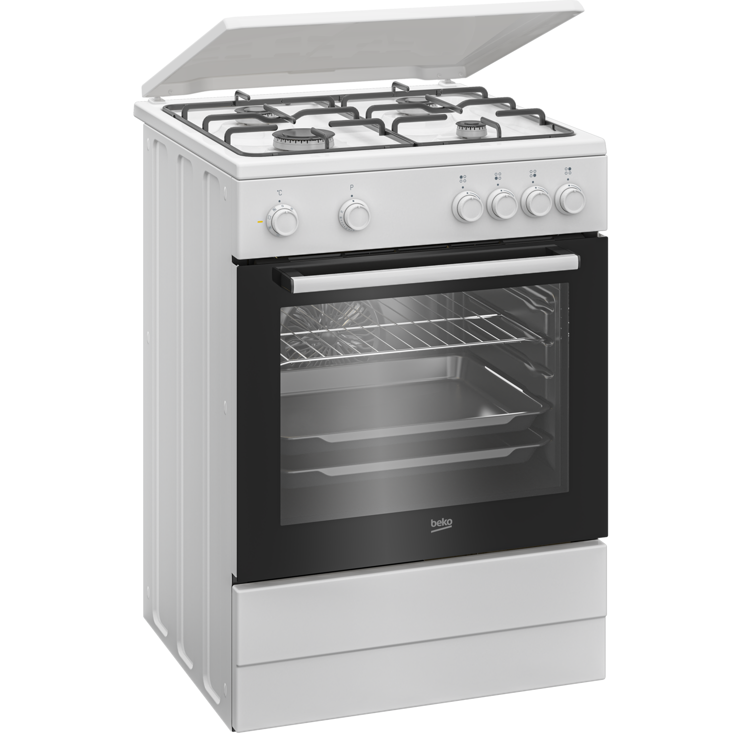 White free-standing gas cooker with oven and four burners, open oven door. Black background.