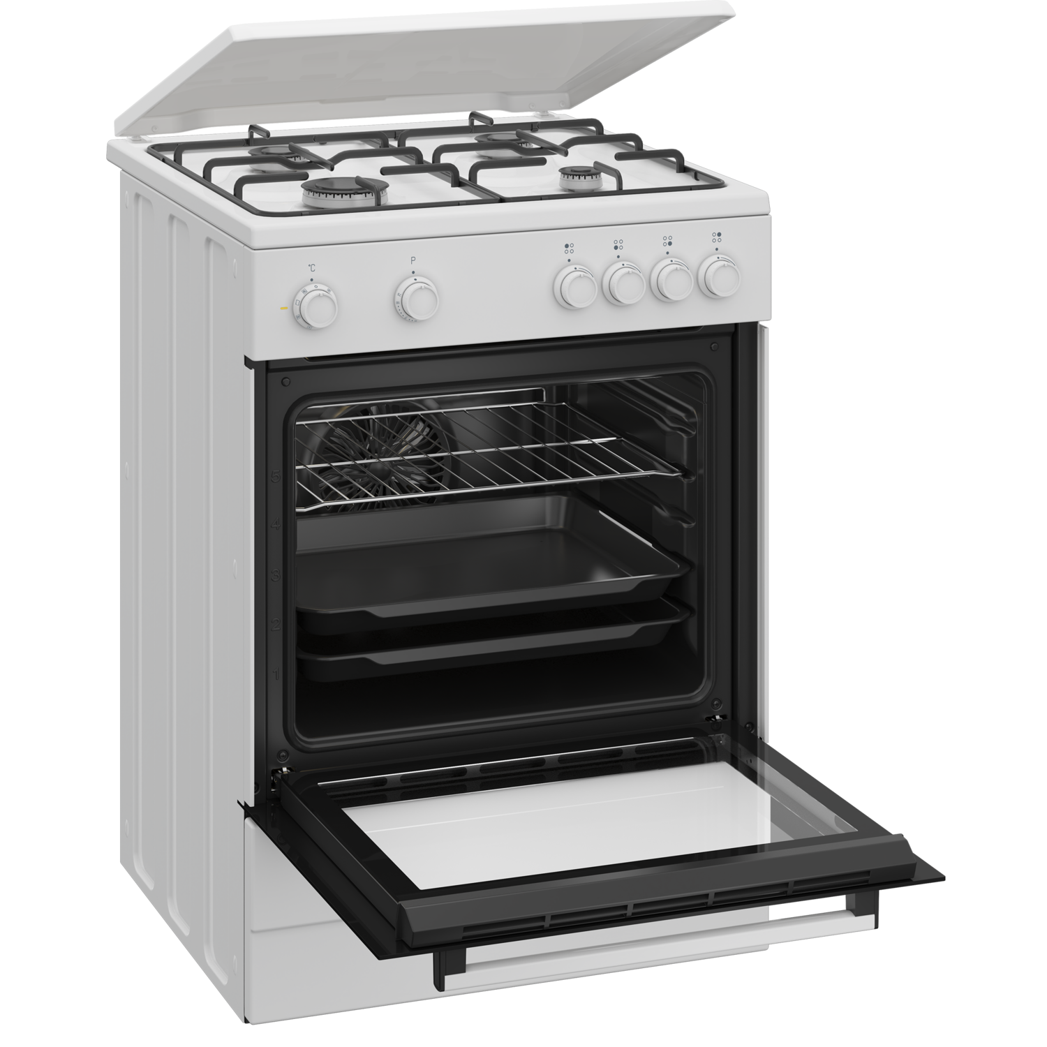 A white gas stove with the oven door open and cooking trays visible.