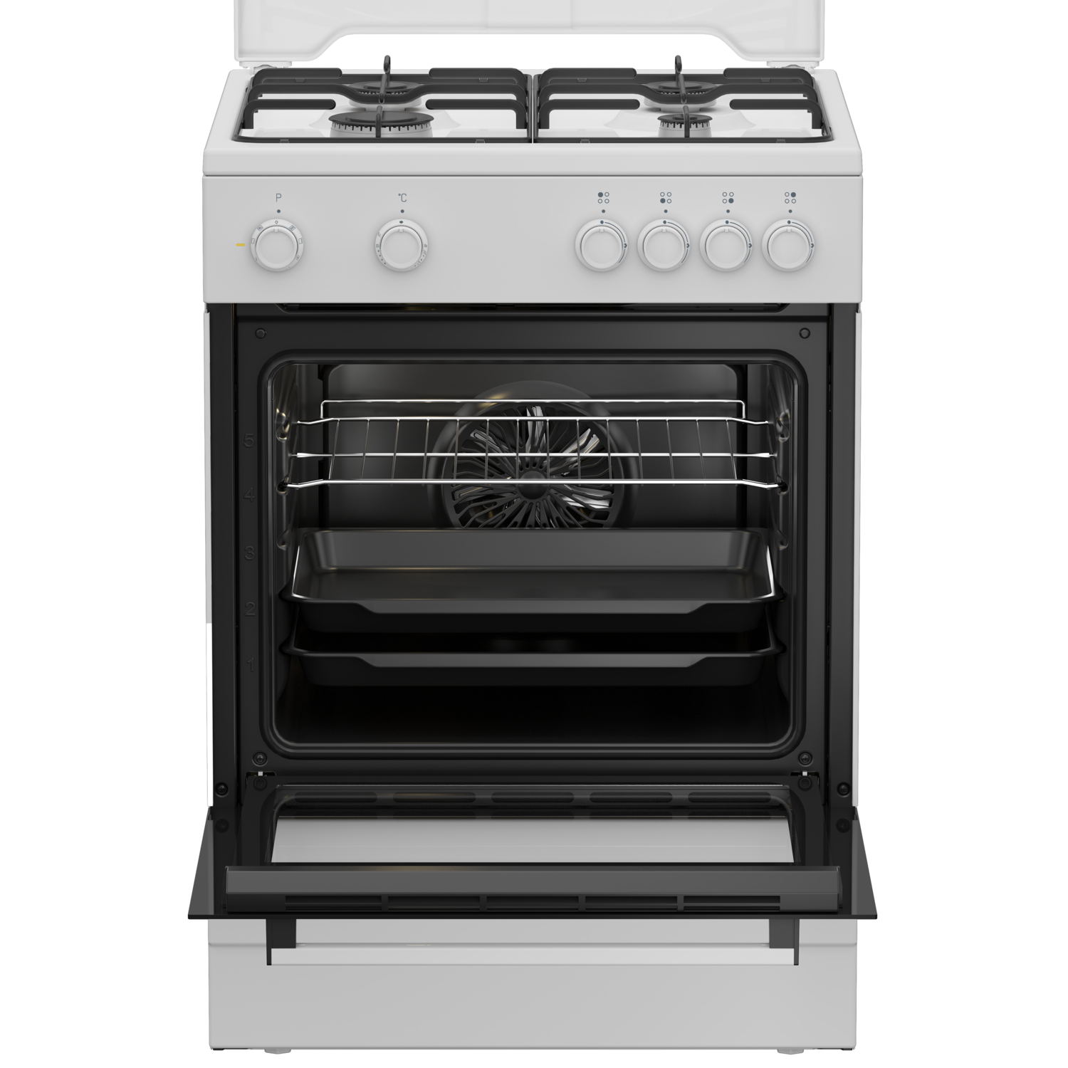 White stove with open oven door on black background.