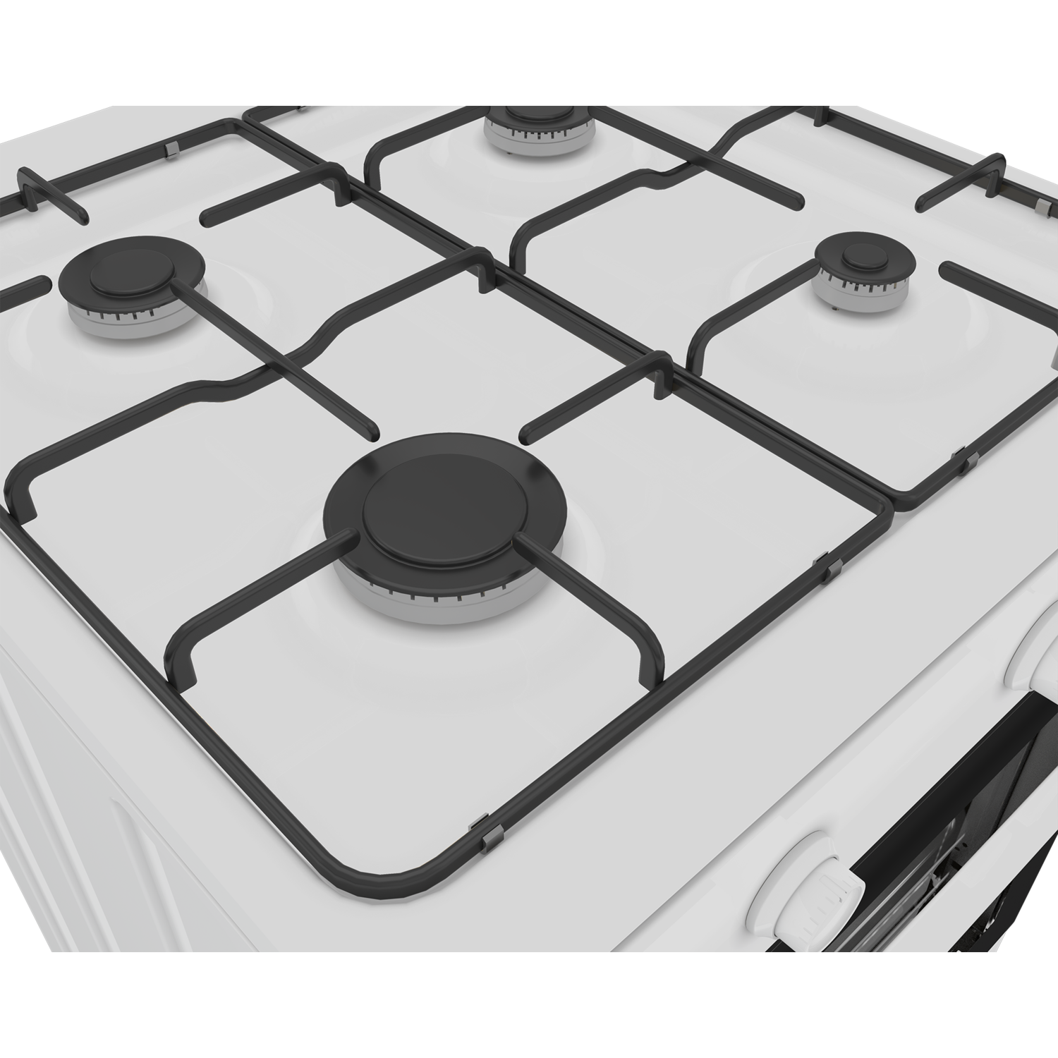 A white stovetop with black burners and grates.