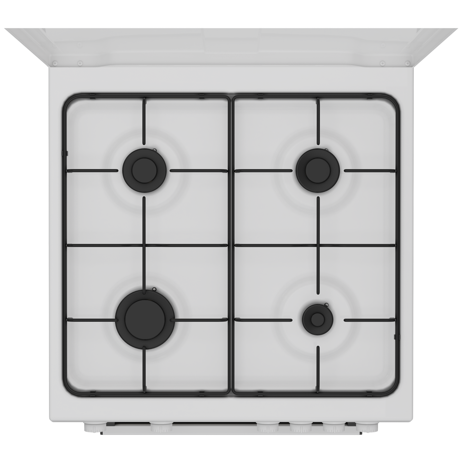 Overhead view of a white gas stove with four black burners and black grates.