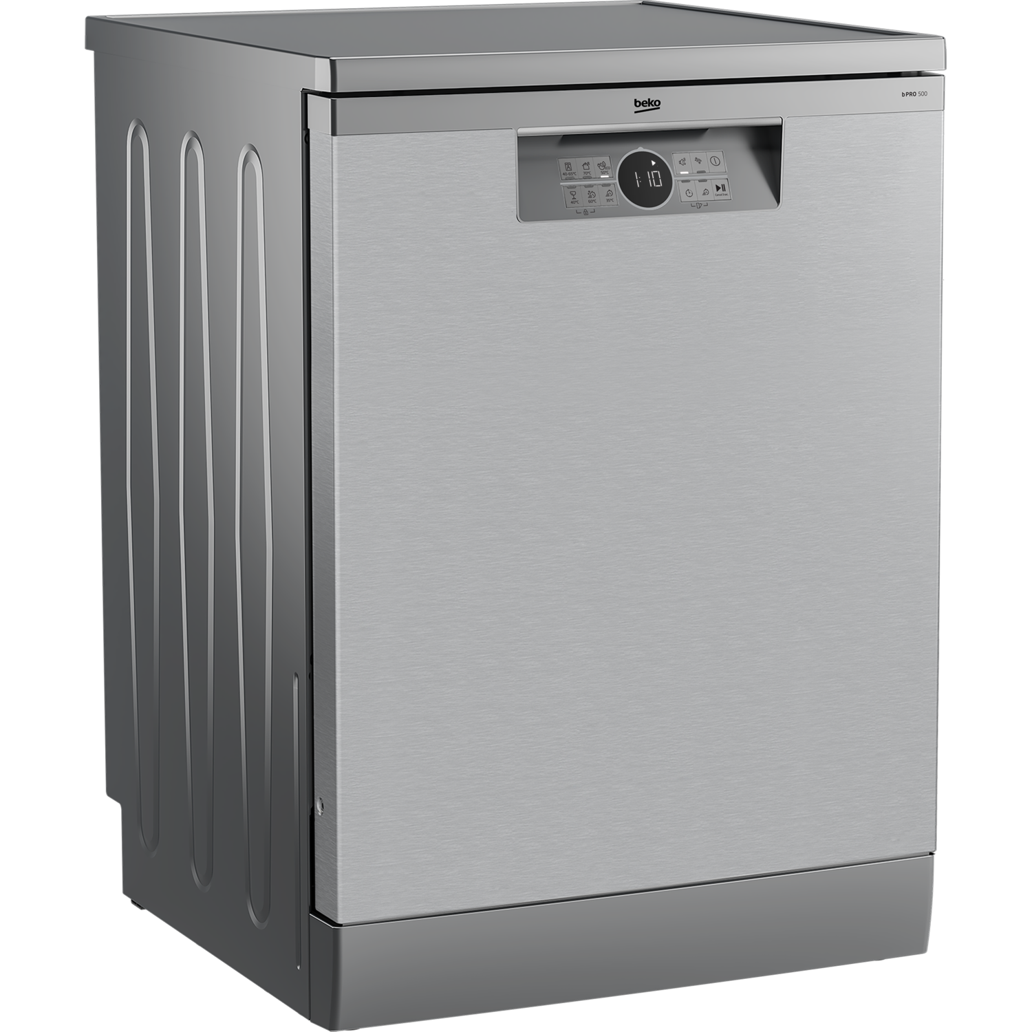 Silver Beko dishwasher, digital display, and buttons.