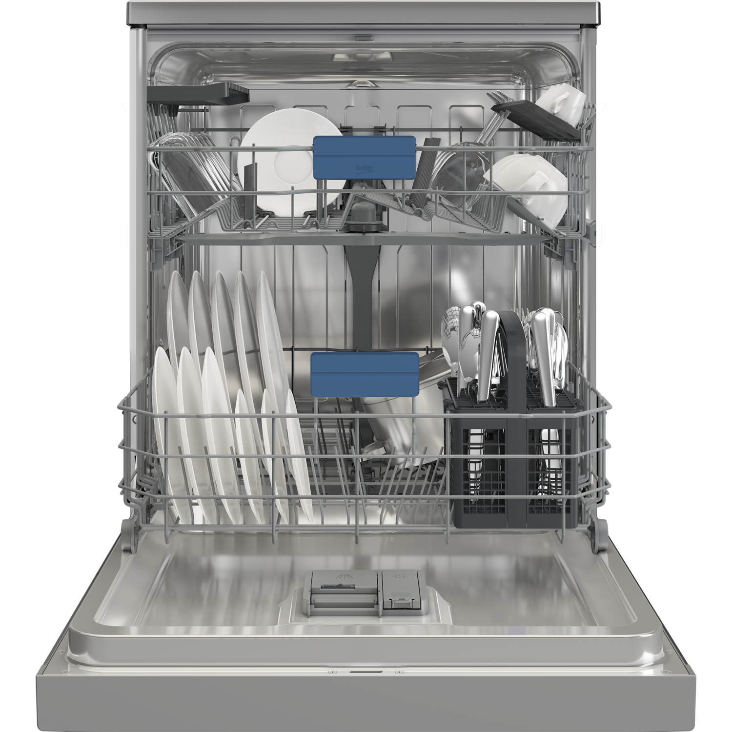 Dishwasher interior with racks holding plates, glasses, and silverware.