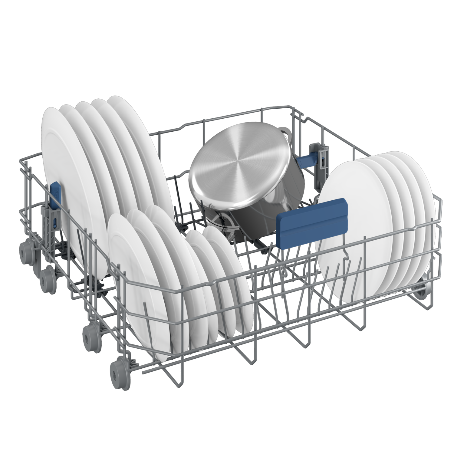 Dishwasher rack with clean white plates and a silver pot.