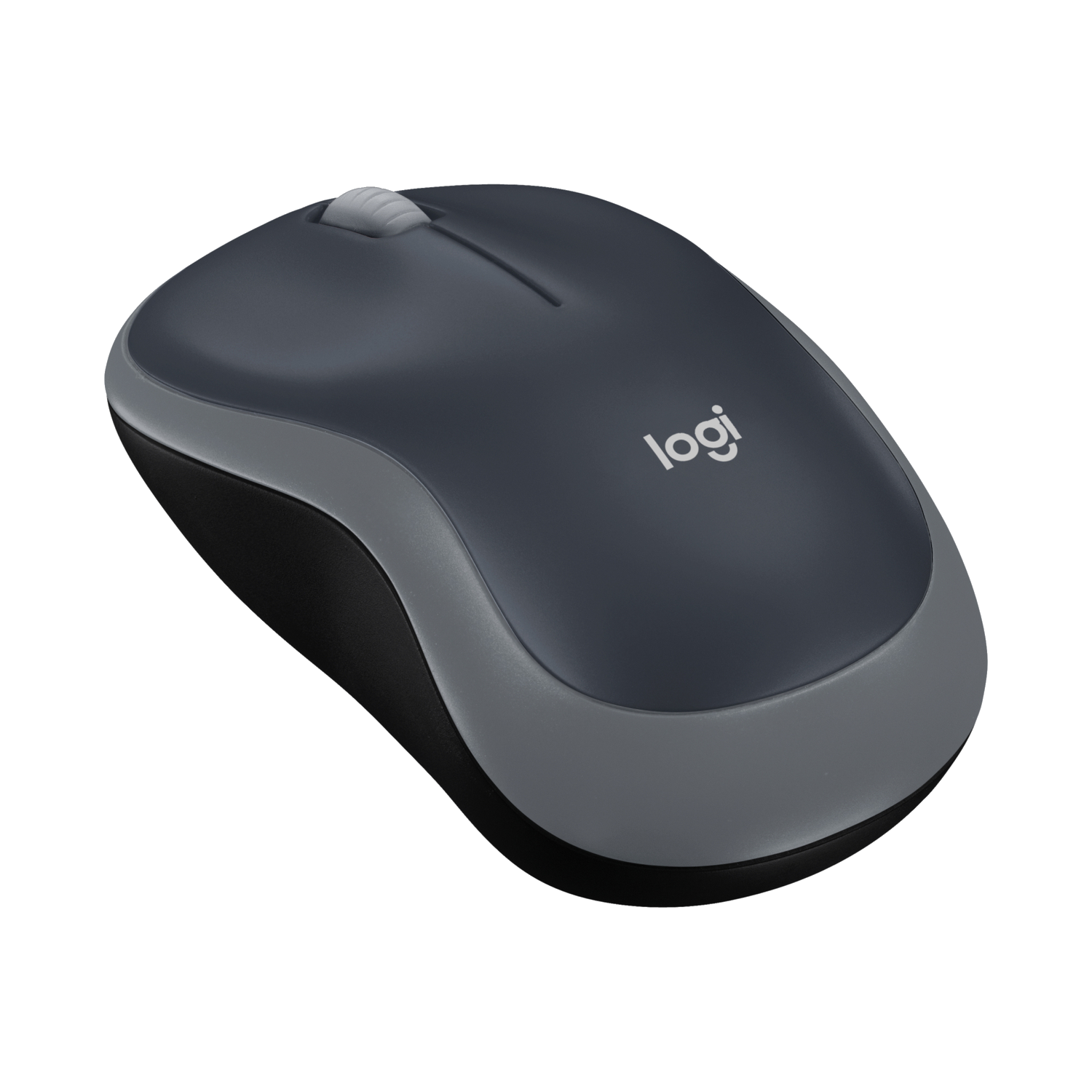 Donkergrijze Logitech muis. Heeft een scrollwiel en twee knoppen. Zwarte achtergrond.