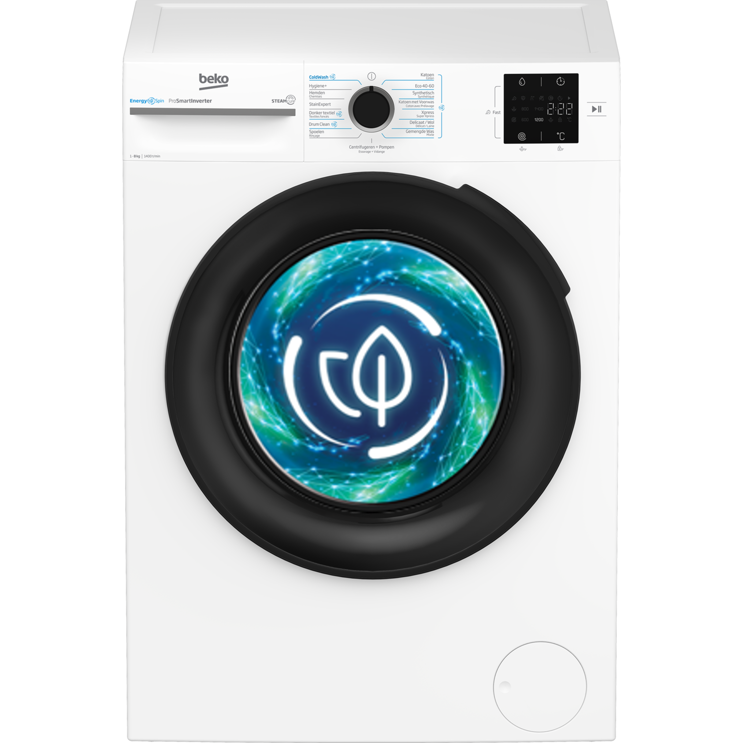 White washing machine with controls, a black door and a leaf icon.