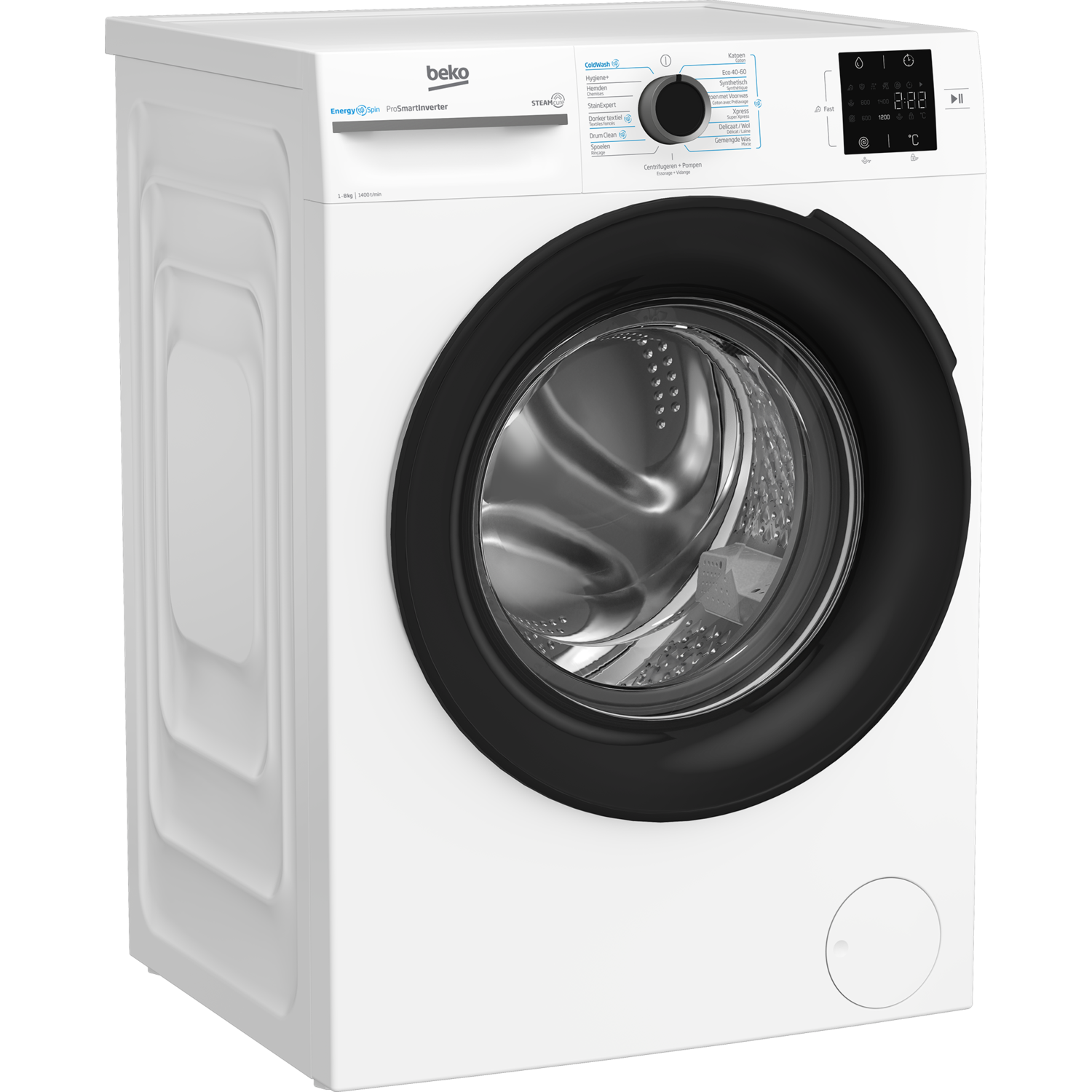 White washing machine with black door and control panel. The screen displays 2:22.