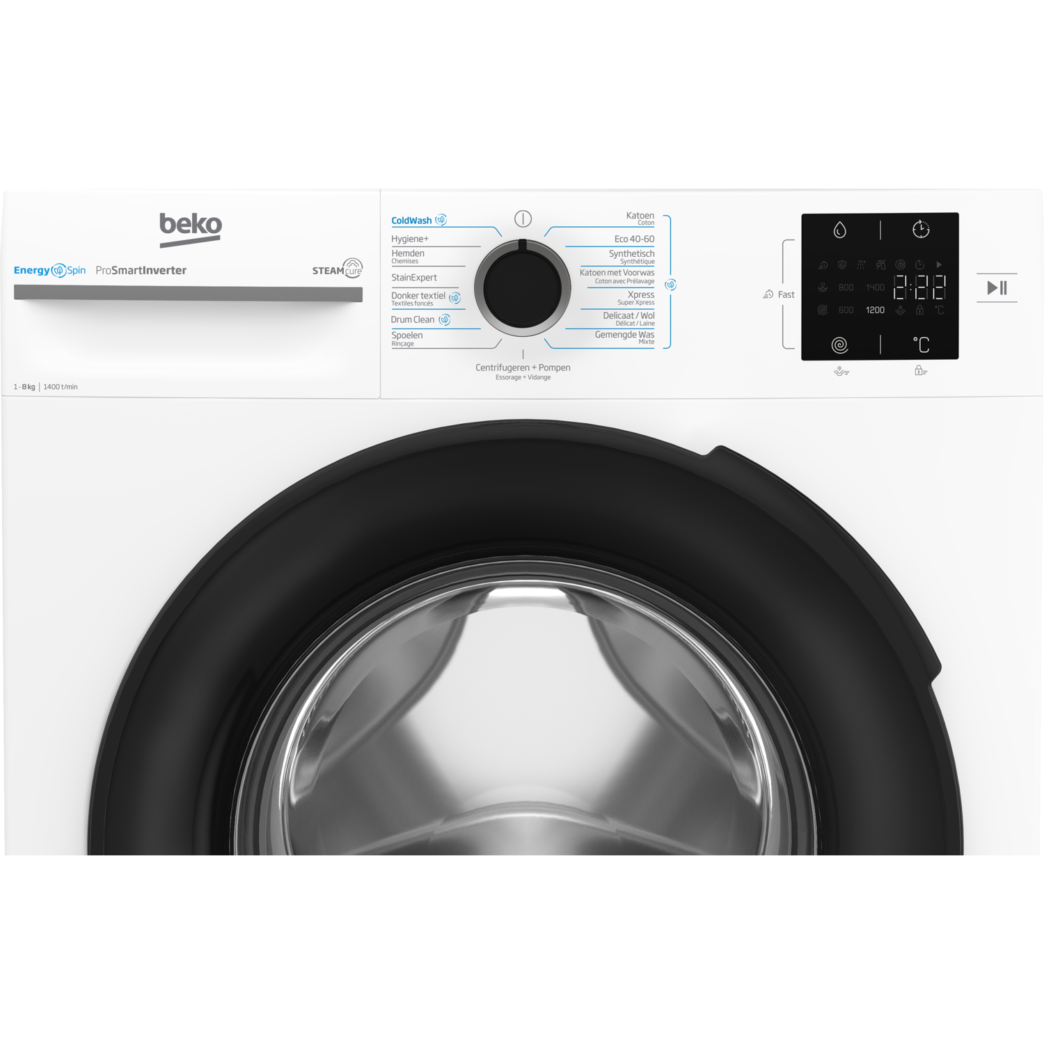 Close up of washing machine control panel. Displays options for washing cycles and a clock showing 2:22.