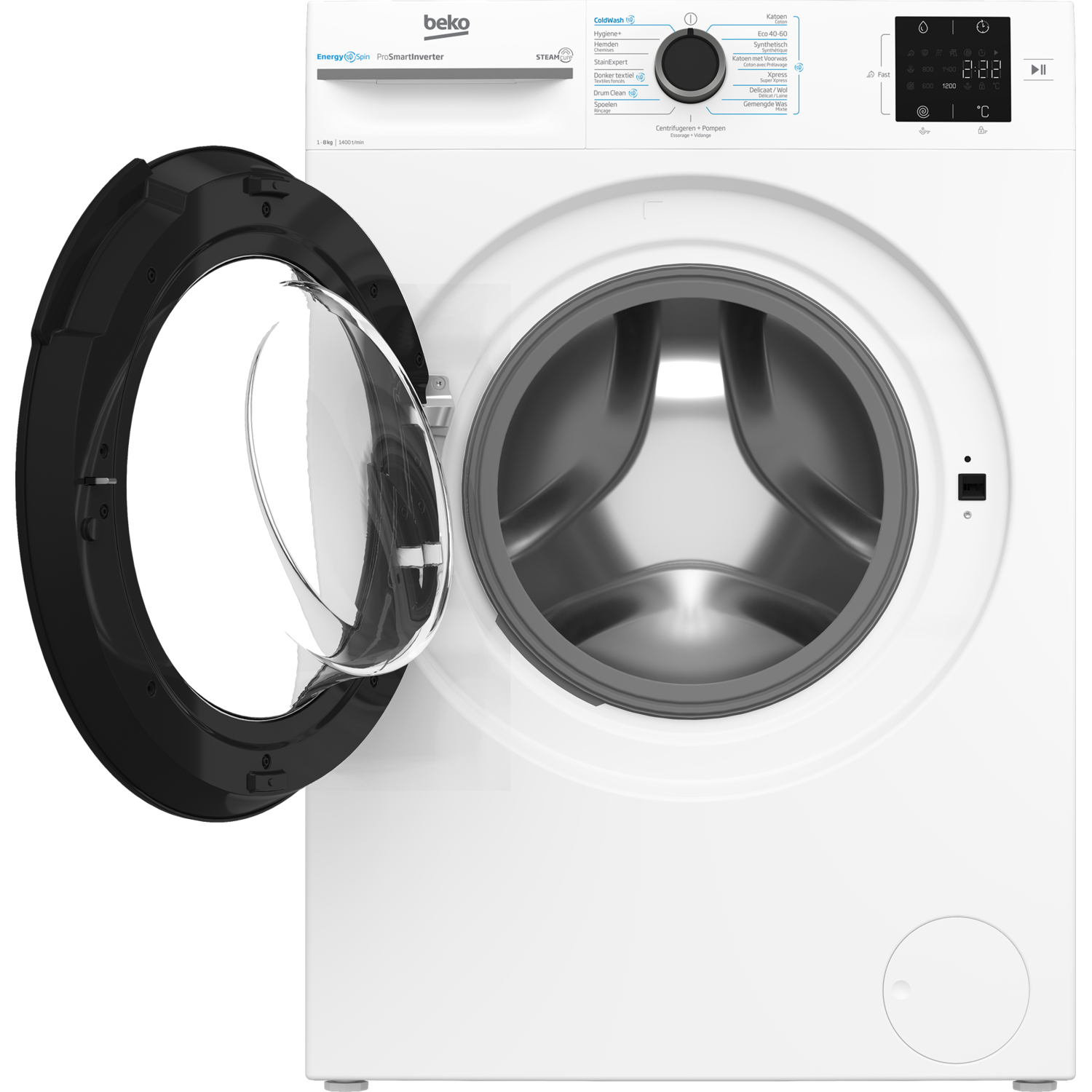 A white washing machine with the door open. The drum is visible. Control panel and detergent drawer are also visible.