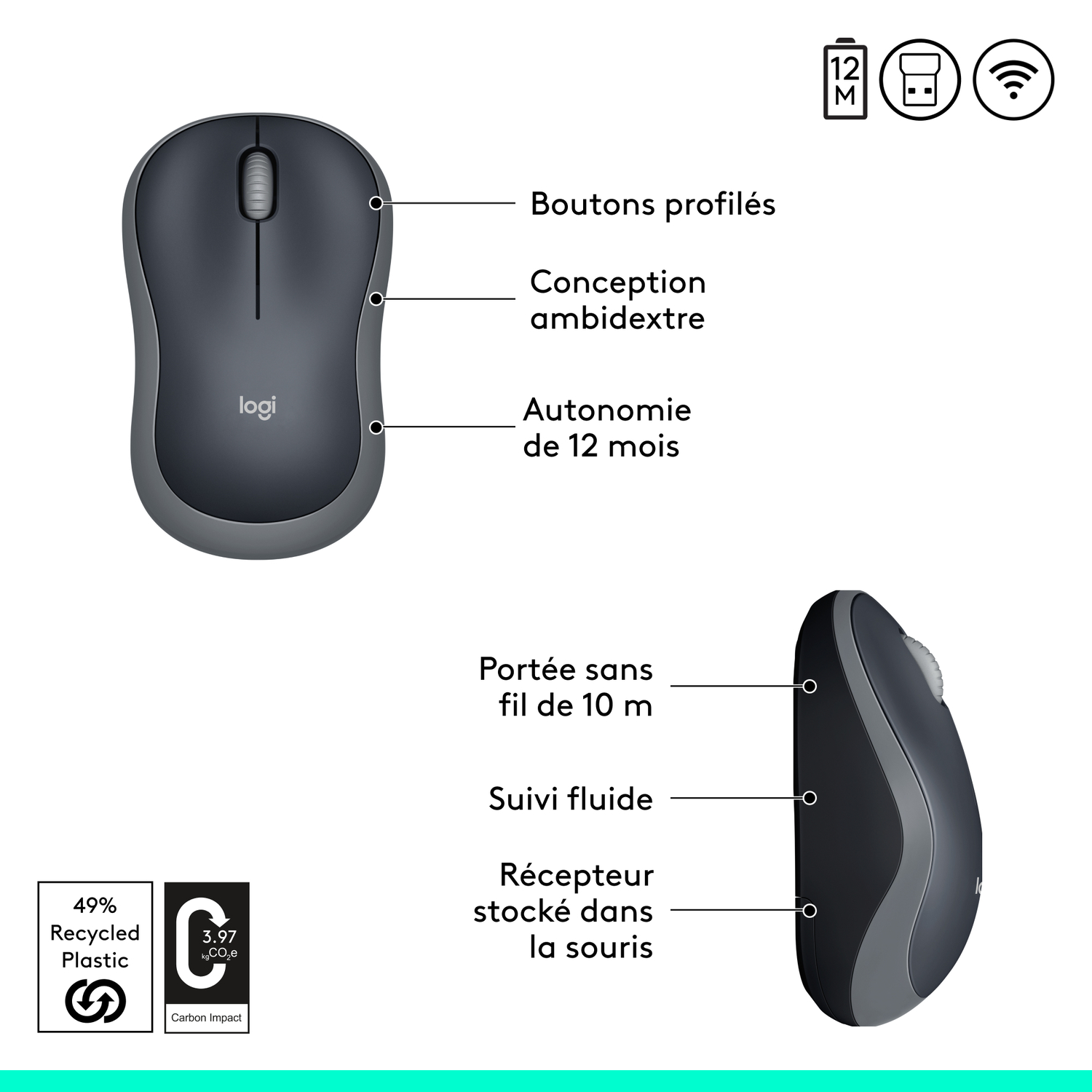 Vue de dessus d'une souris Logitech noire avec des étiquettes.