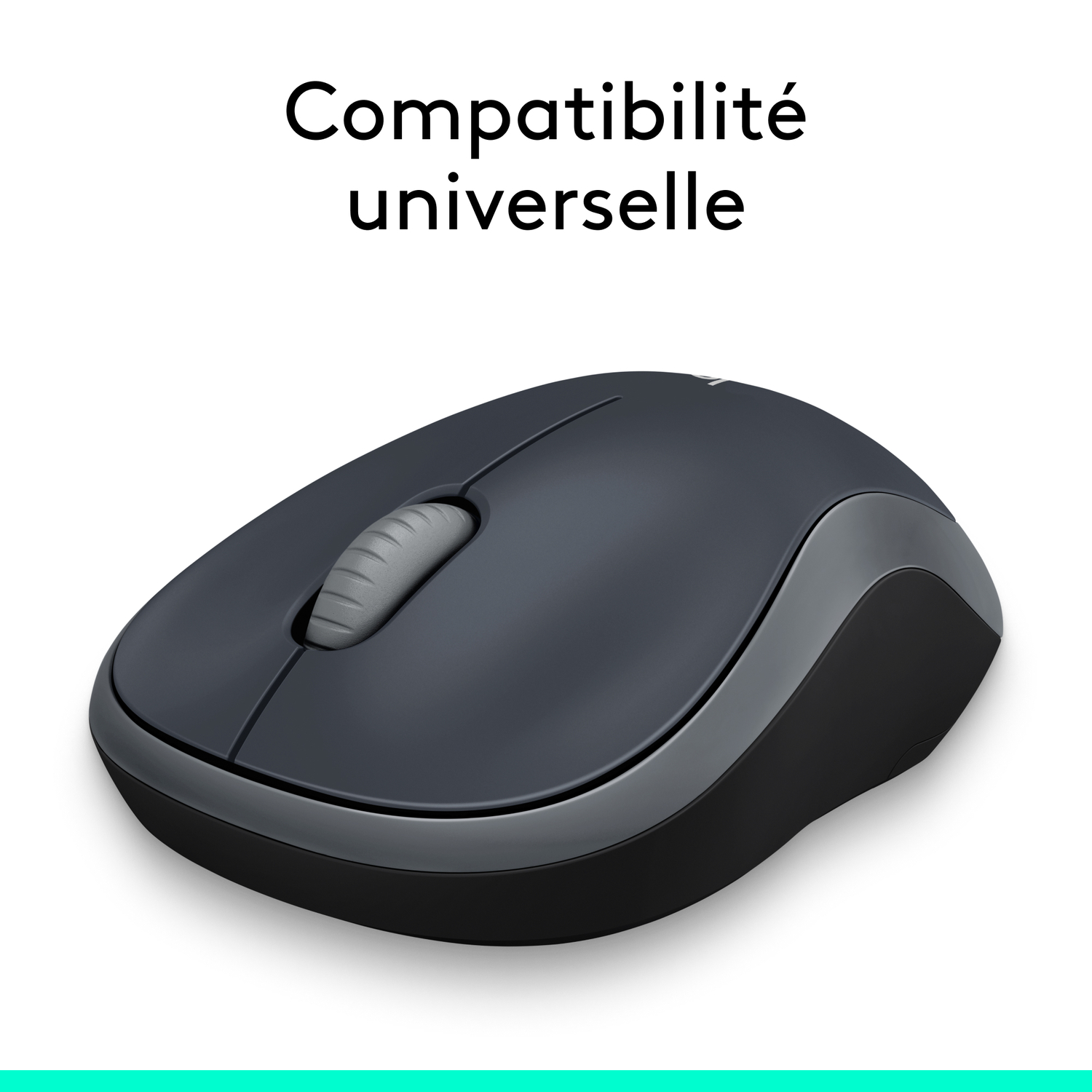 Souris sans fil noire avec molette grise, fond blanc et texte.
