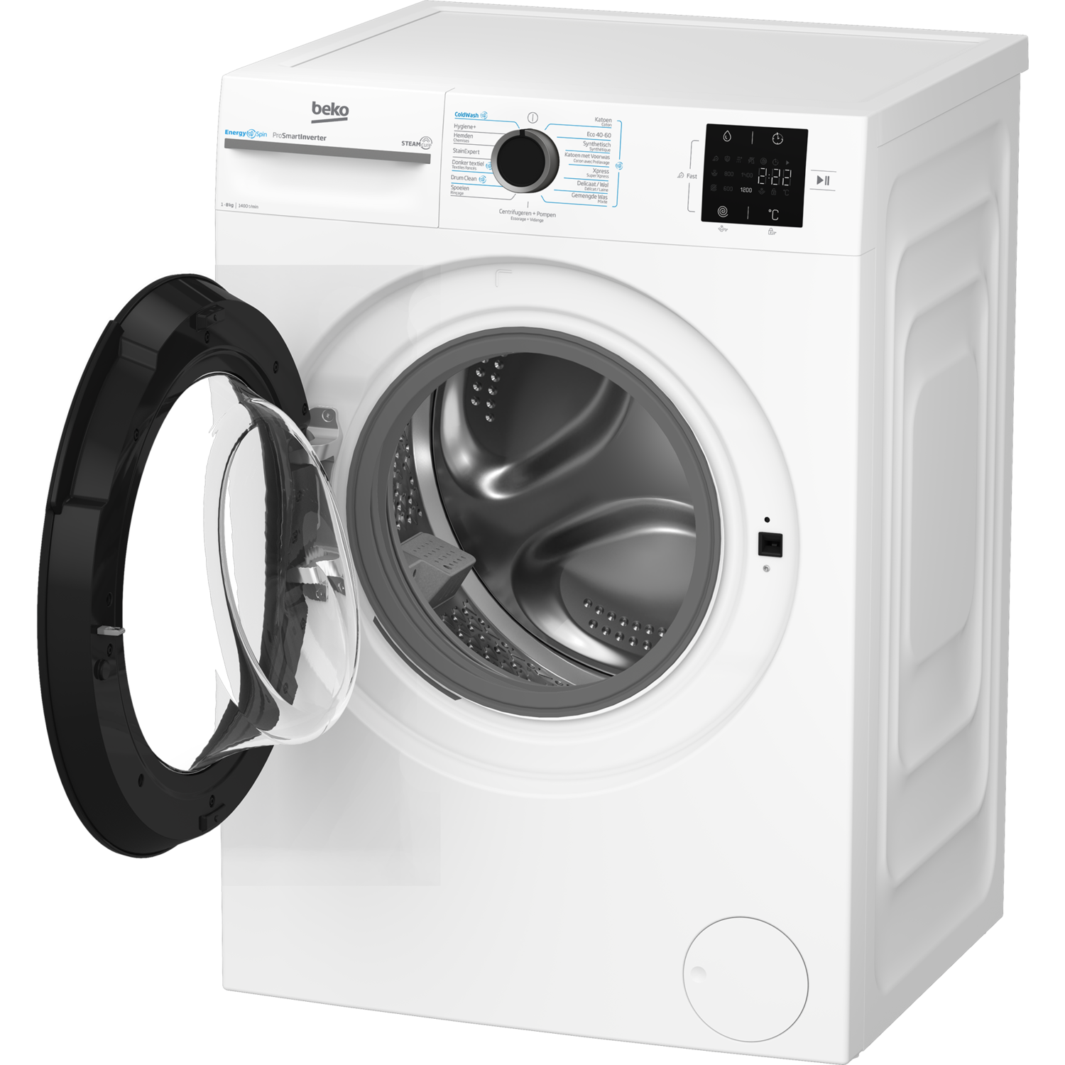 A white washing machine with the door open.