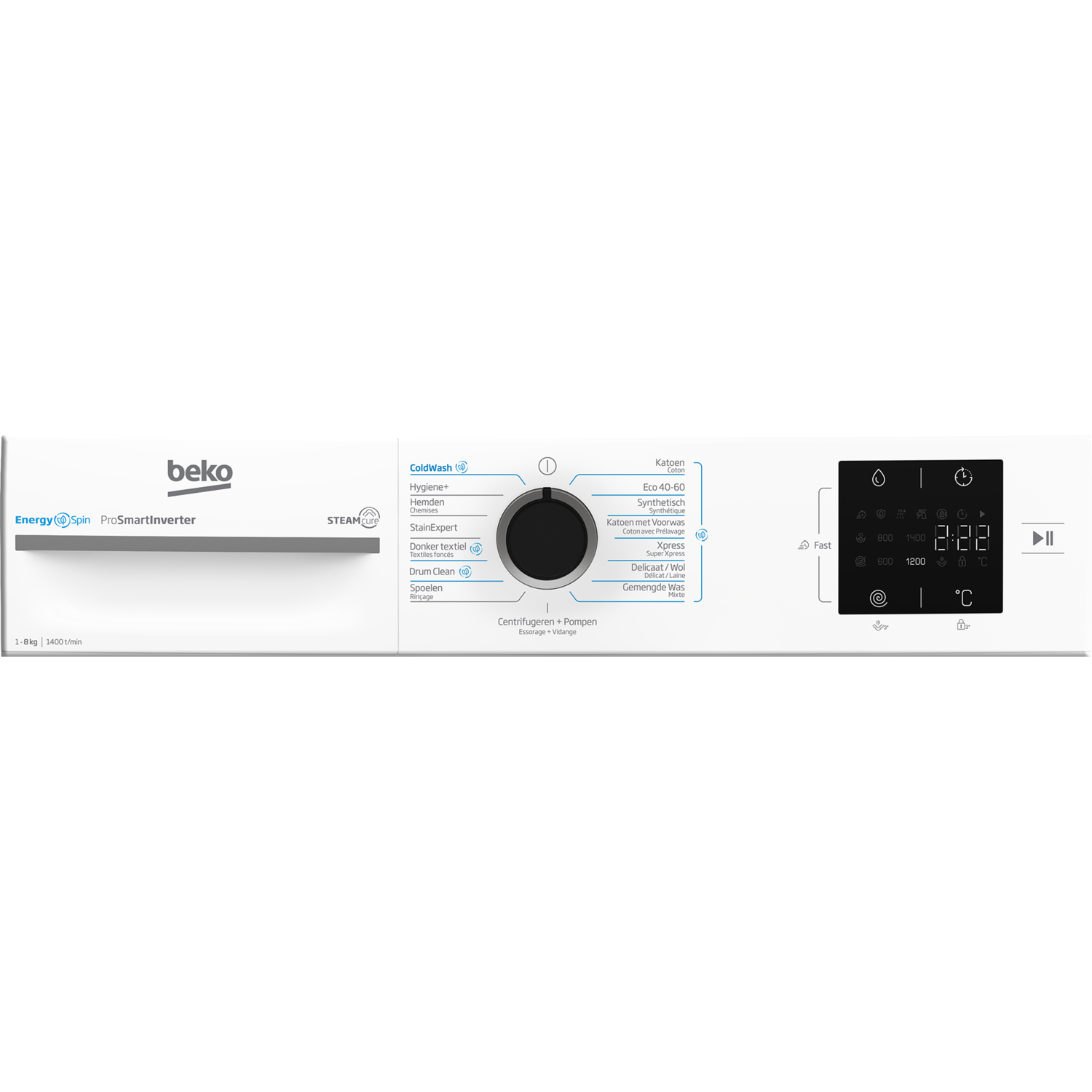 White washing machine control panel. Shows wash cycles, temperature, and time display.