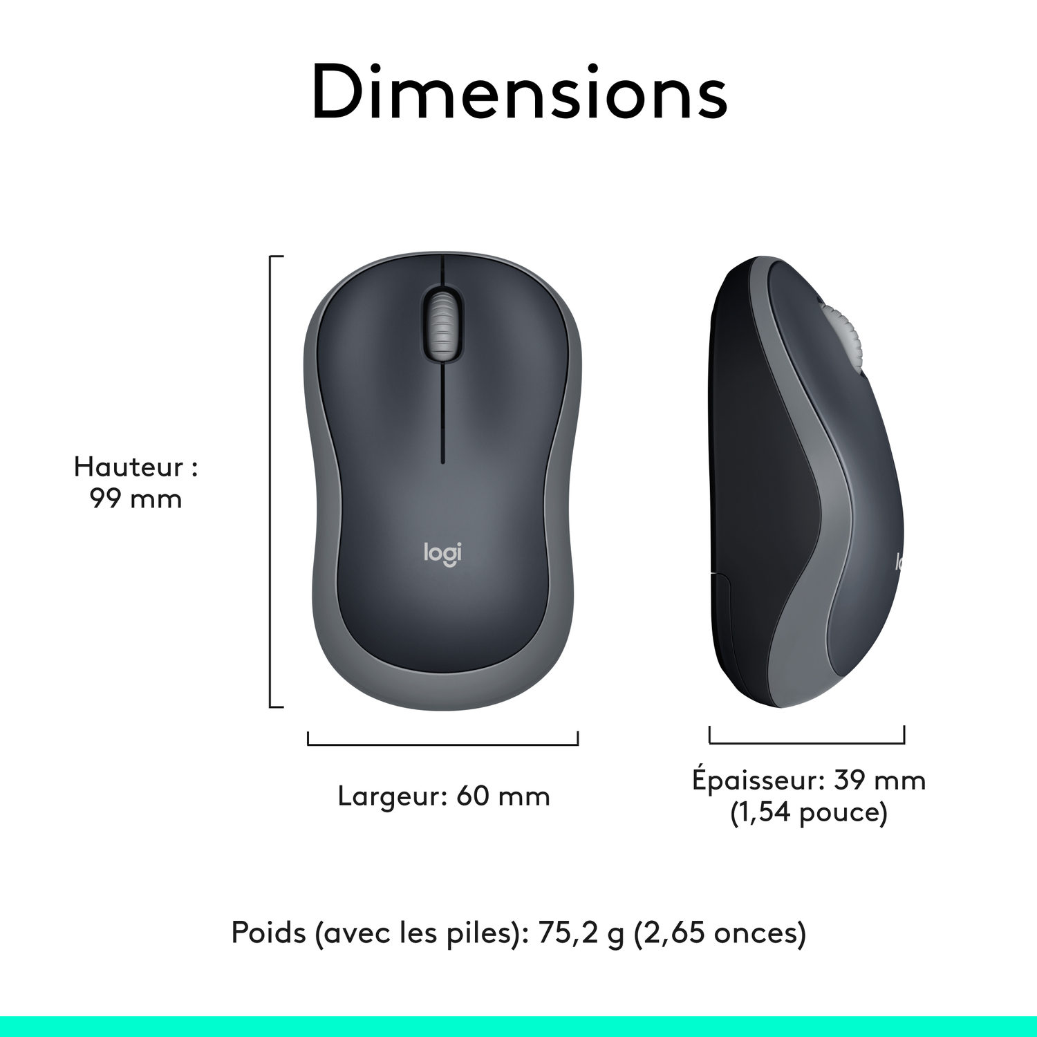 Diagramme montrant les dimensions d'une souris sans fil noire et grise. Hauteur 99 mm, largeur 60 mm, épaisseur 39 mm.