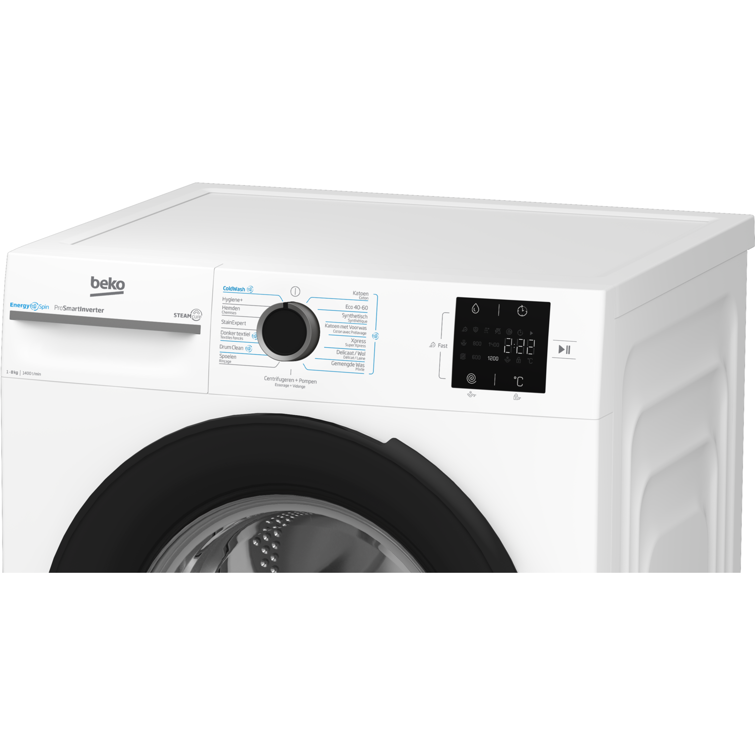 White washing machine with a black door and a control panel. The panel shows a display.