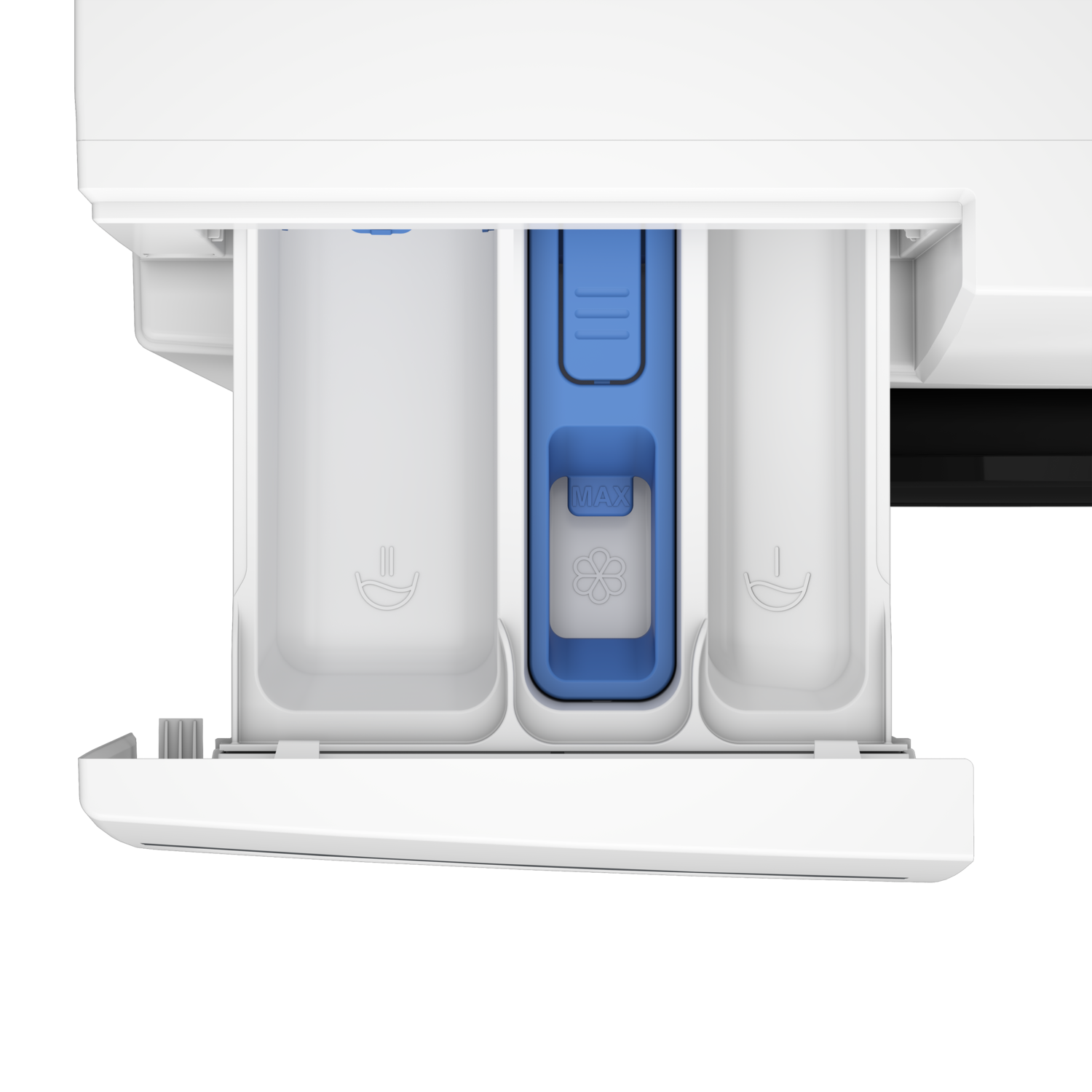 Open white detergent drawer with three compartments. Blue fabric softener compartment is in the middle.