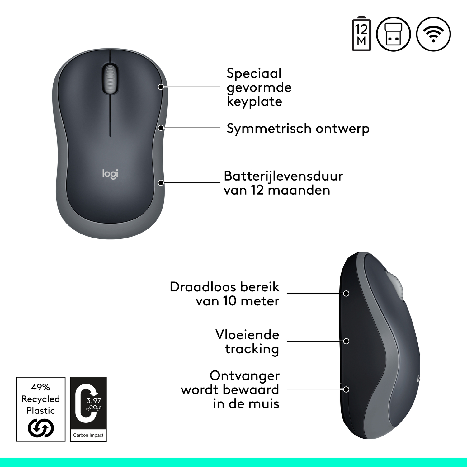 Top view of a dark gray wireless mouse. It has a scroll wheel and Logitech branding.