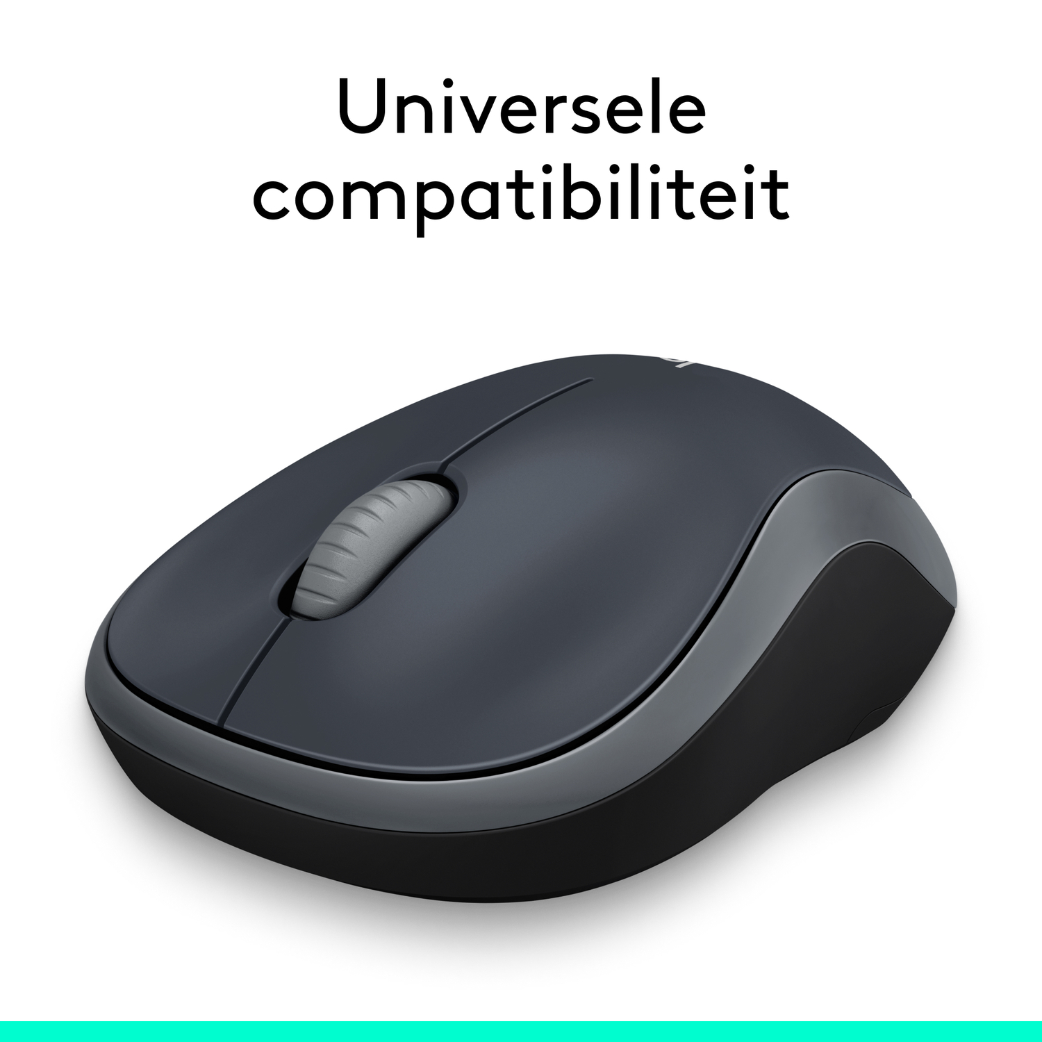 Dark grey wireless mouse with a grey scroll wheel. The text at the top says 'Universale compatibiliteit'.