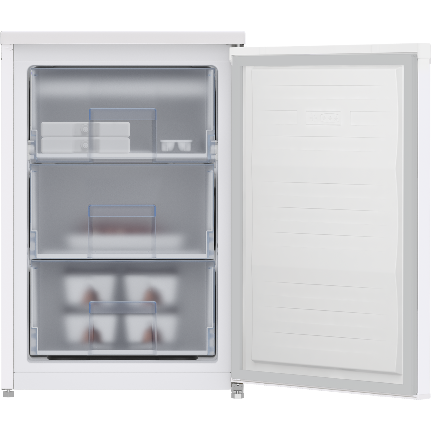 White freezer, door open, three drawers with contents.