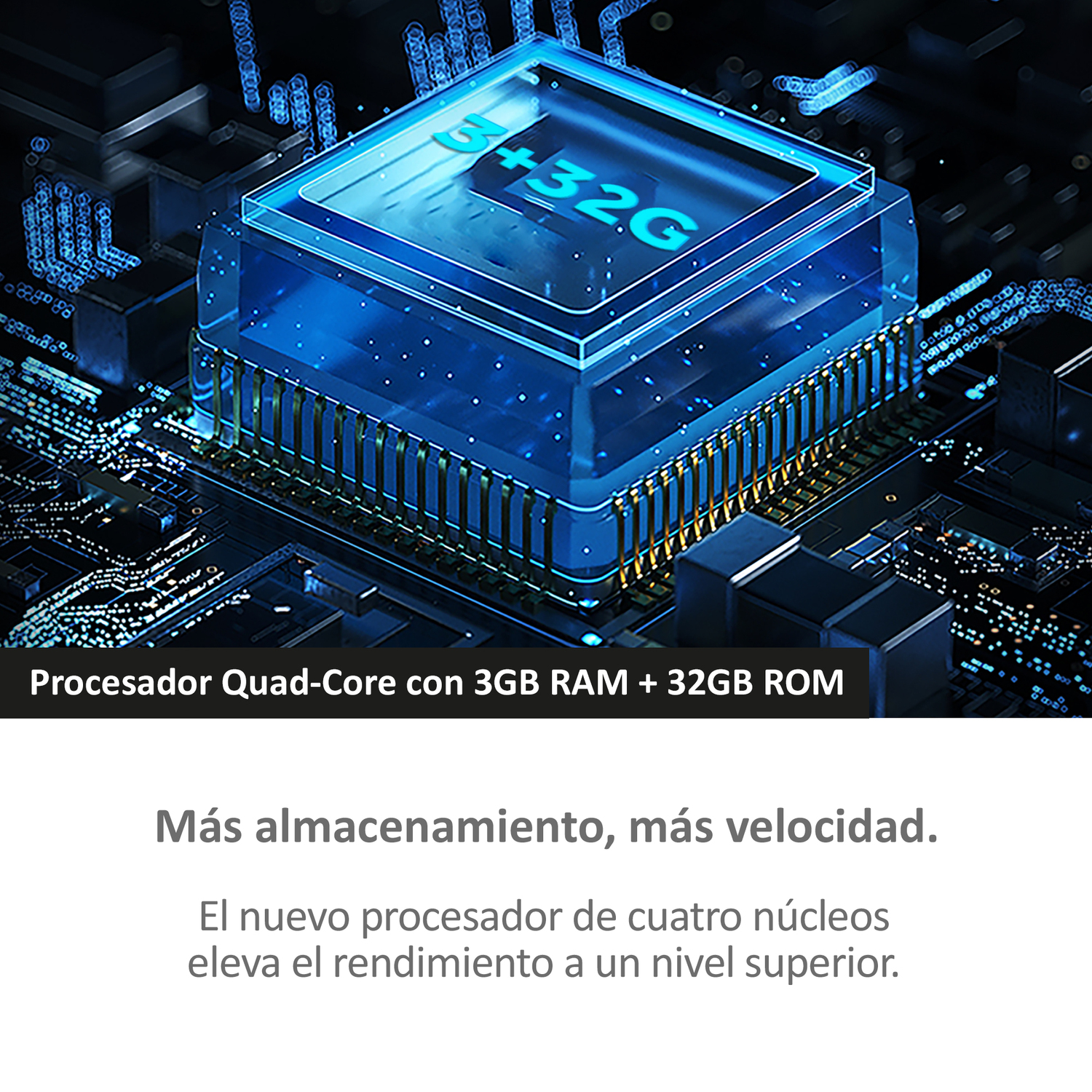 CPU azul con texto 3+32G, sobre una placa de circuito. Texto: Procesador Quad-Core con 3GB RAM + 32GB ROM.