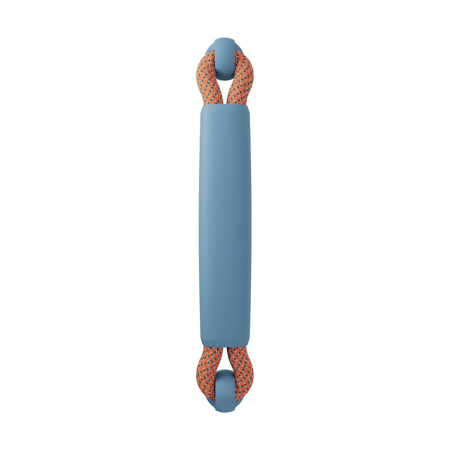 Un connettore per corda da arrampicata blu e arancione. La corda è collegata a entrambe le estremità.