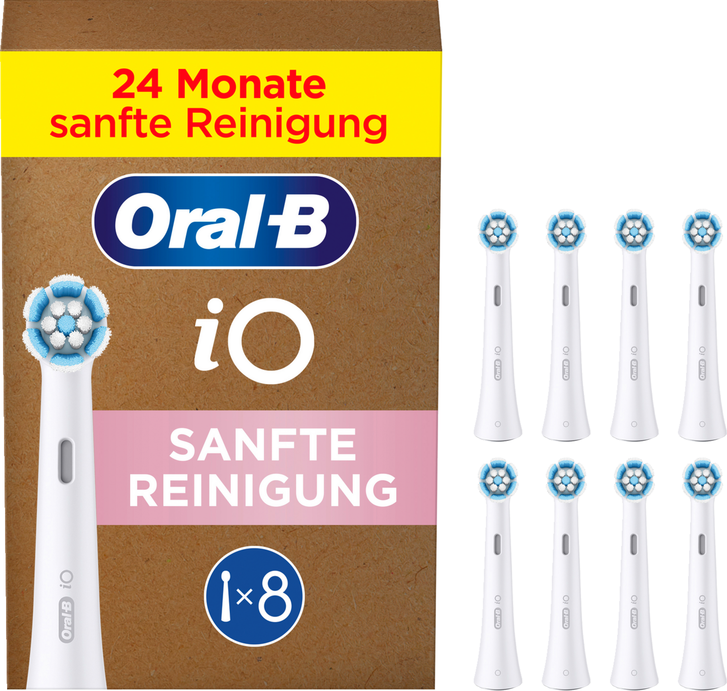 Oral-B iO Zahnbürstenköpfe in einer Pappschachtel. Ein Paket mit 8 Ersatzköpfen.