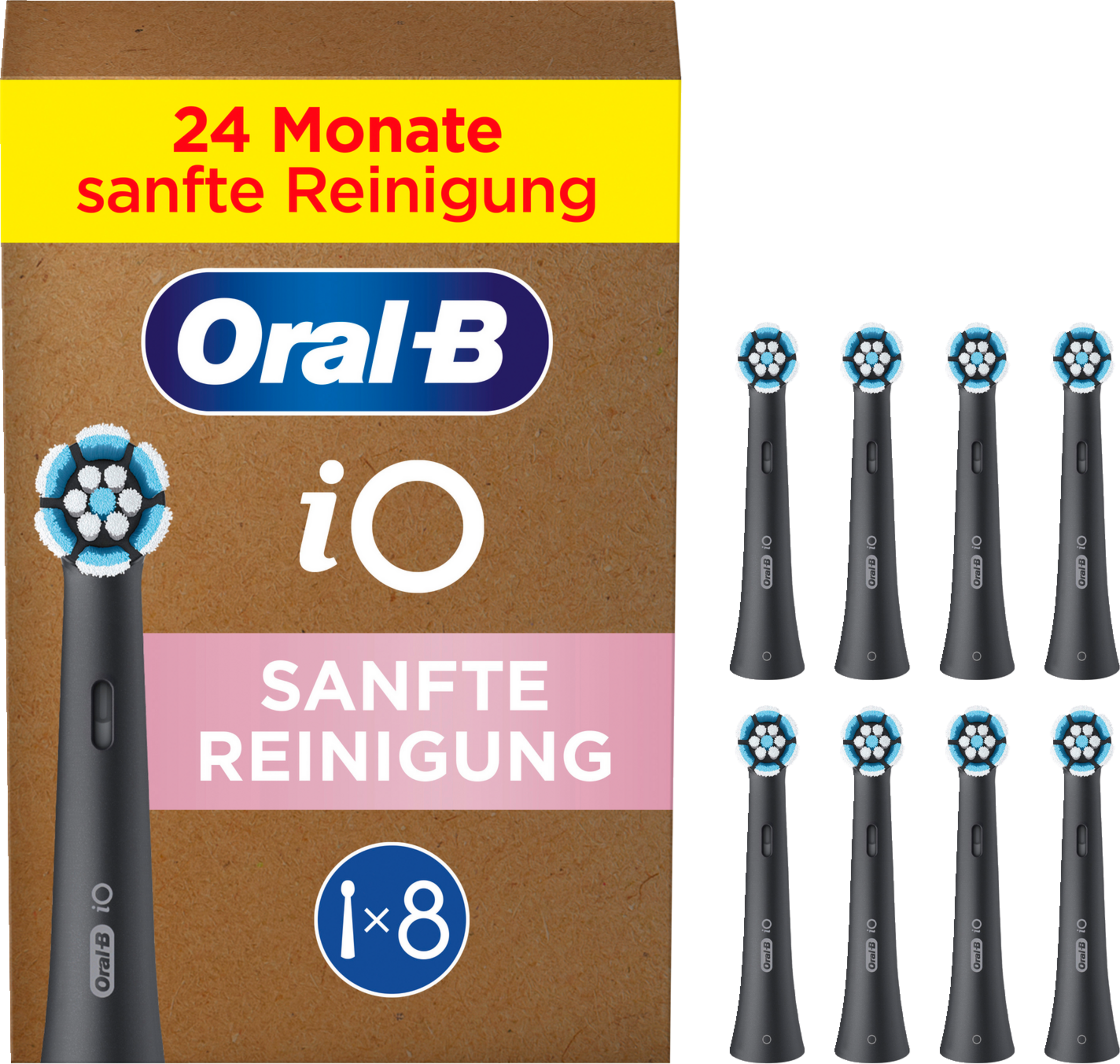 Oral-B iO Zahnbürstenköpfe und Schachtel, Schachtel zeigt Text auf Deutsch. Köpfe sind schwarz mit blau.