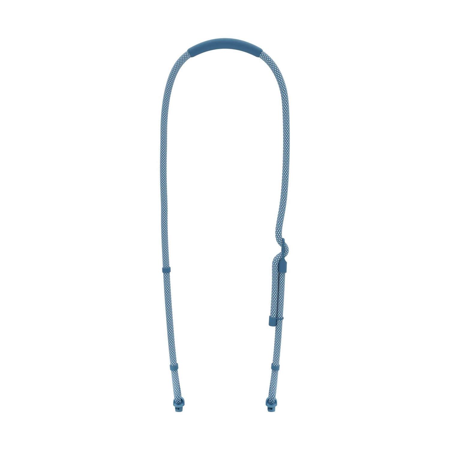 Cinturino in corda blu e bianca con nodo e connettori su sfondo bianco.