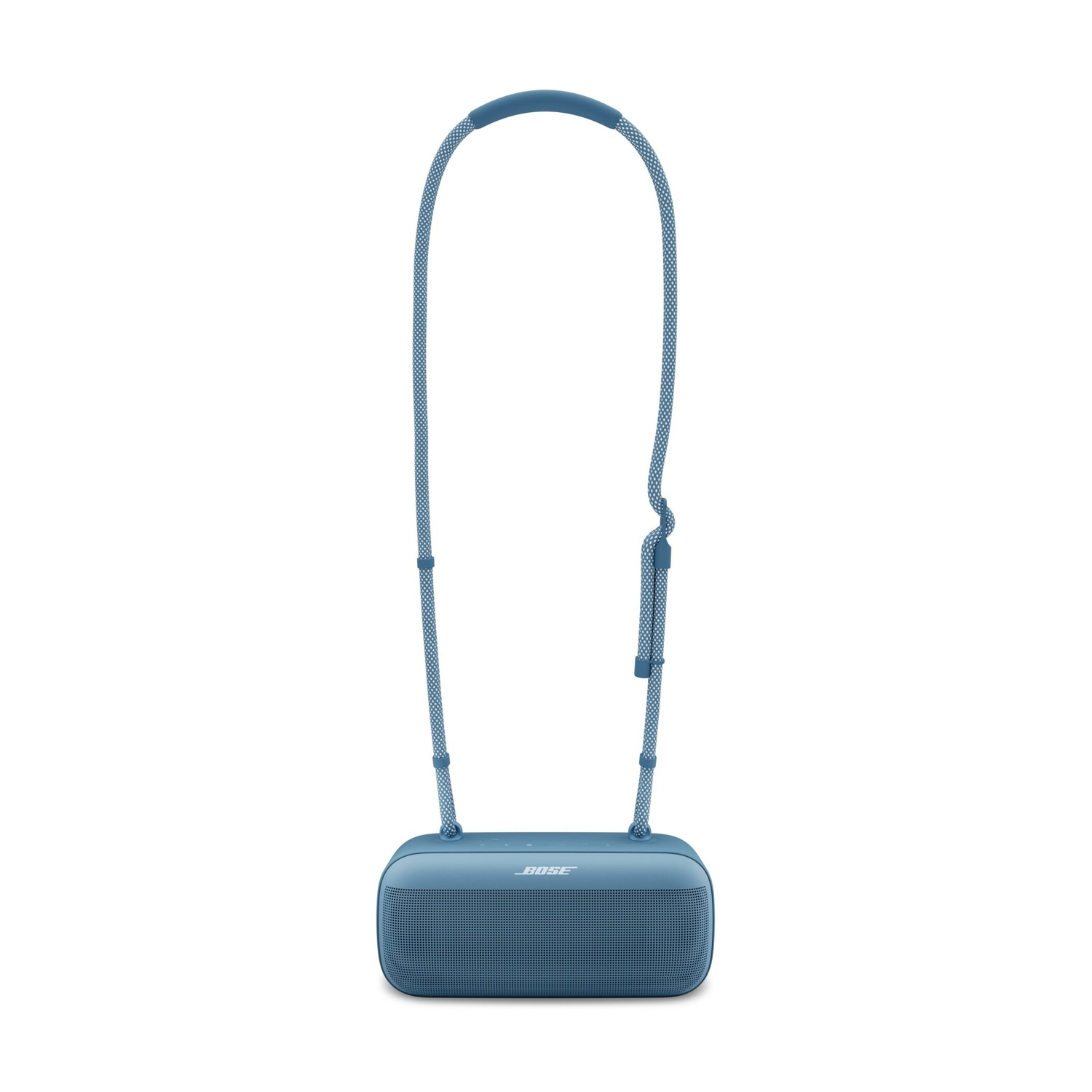 Altoparlante Bose blu con cinturino. L'altoparlante è rettangolare con un motivo a griglia.