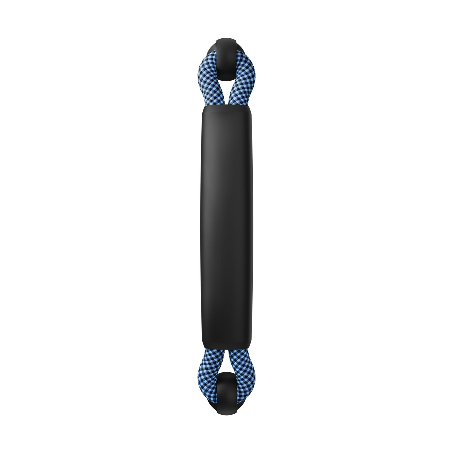 Maniglia nera con cinghie blu a scacchi alle estremità. Centro nero pieno.
