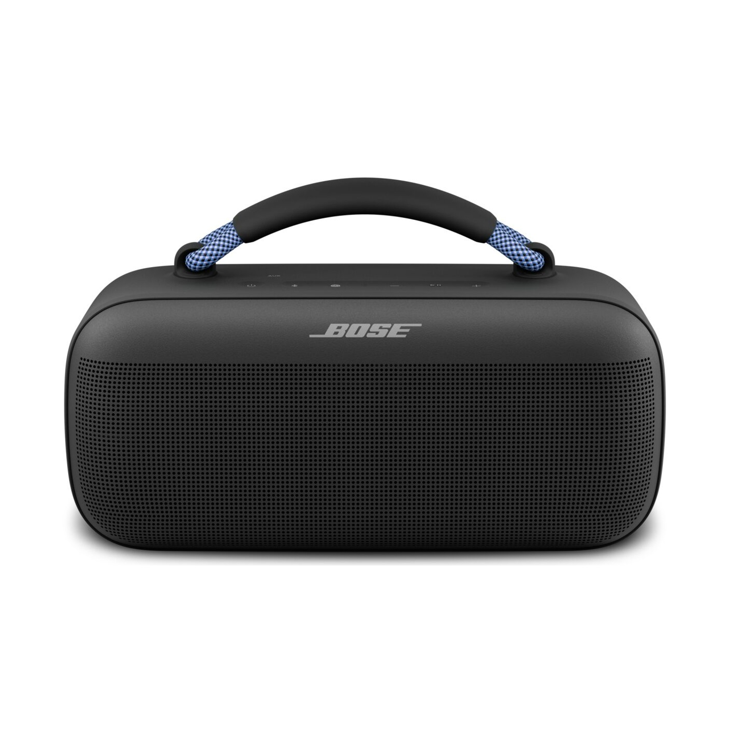 Altoparlante Bose nero con maniglia e dettagli blu.