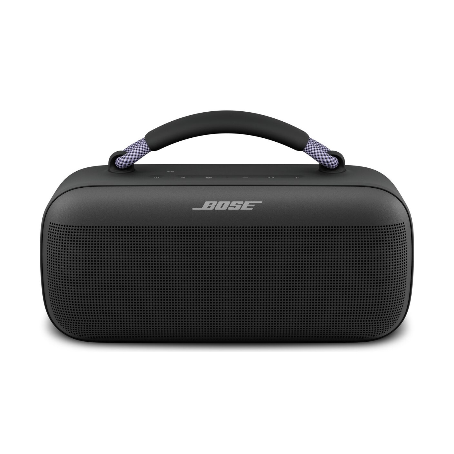 Altoparlante portatile nero con maniglia e logo Bose. Fronte perforato.