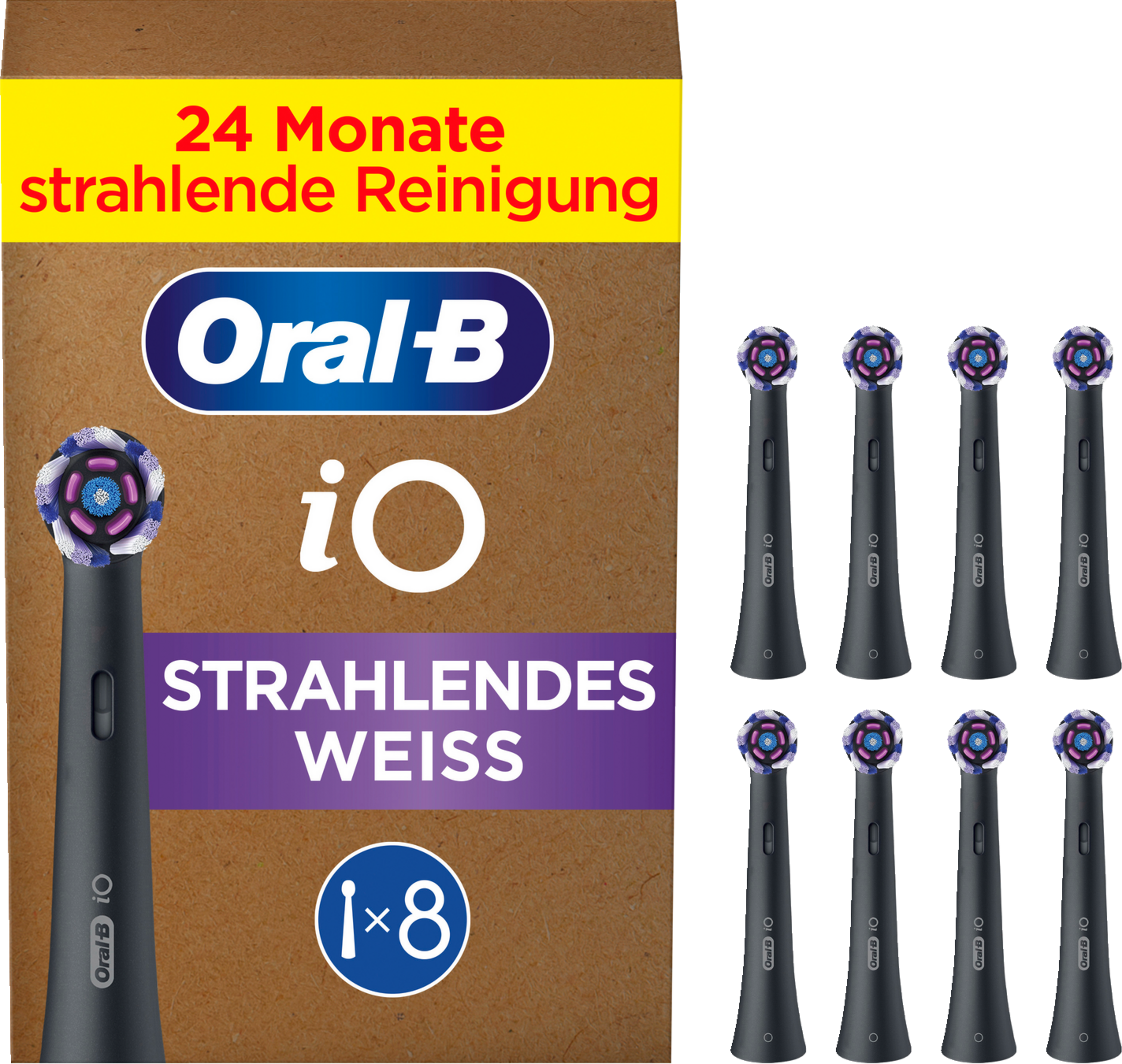 Oral-B iO Zahnbürstenköpfe. Box sagt '24 Monate strahlende Reinigung'. Acht Köpfe.