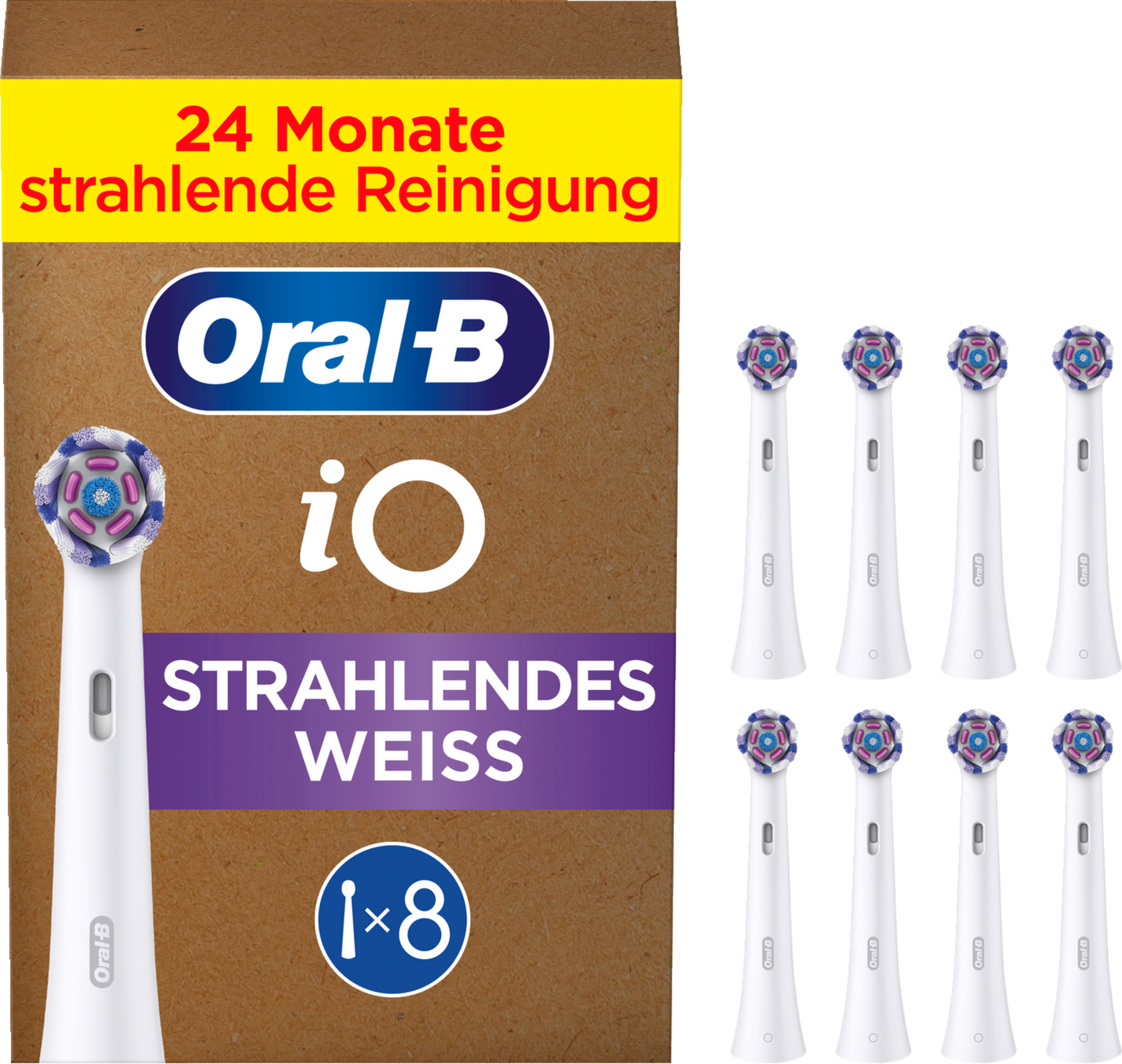 Oral-B iO Zahnbürstenköpfe in einer Box, mit Text 'STRAHLENDES WEISS' und '8'.