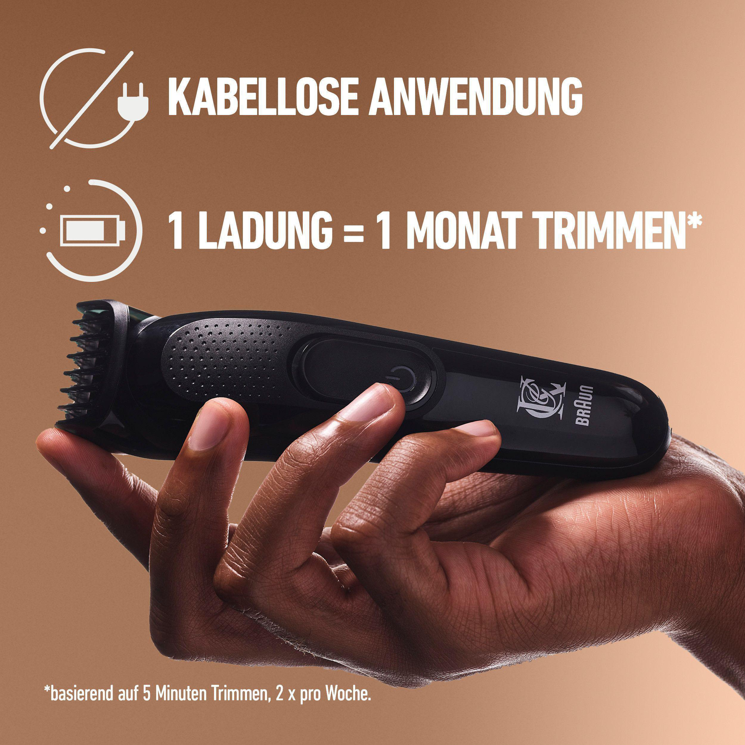 Ein schwarzer Bartschneider in einer Hand mit Text und Diagramm.