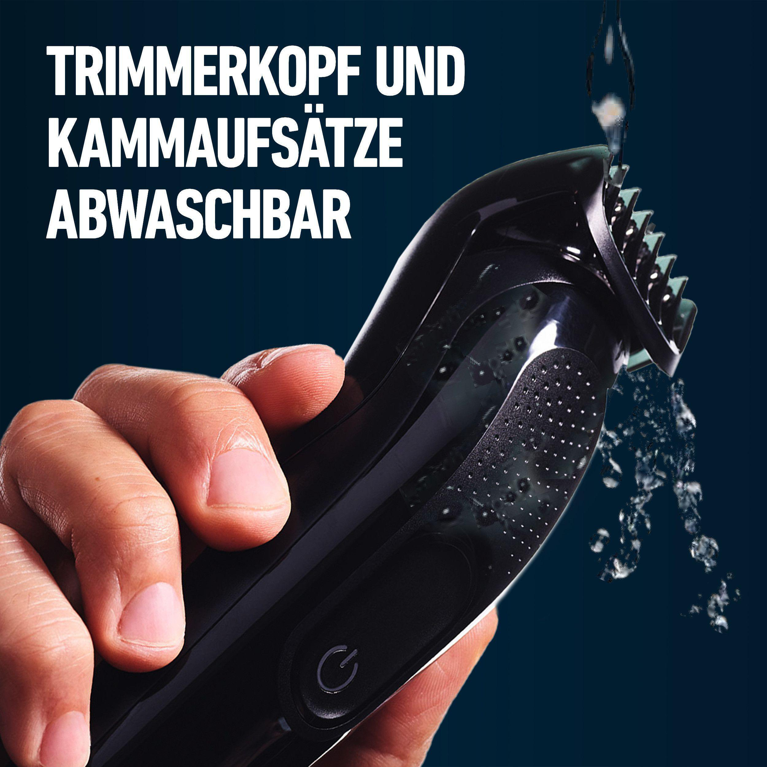 Hand hält schwarzen Rasierer unter fließendem Wasser. Text: Trimmerkopf und Aufsätze abwaschbar.
