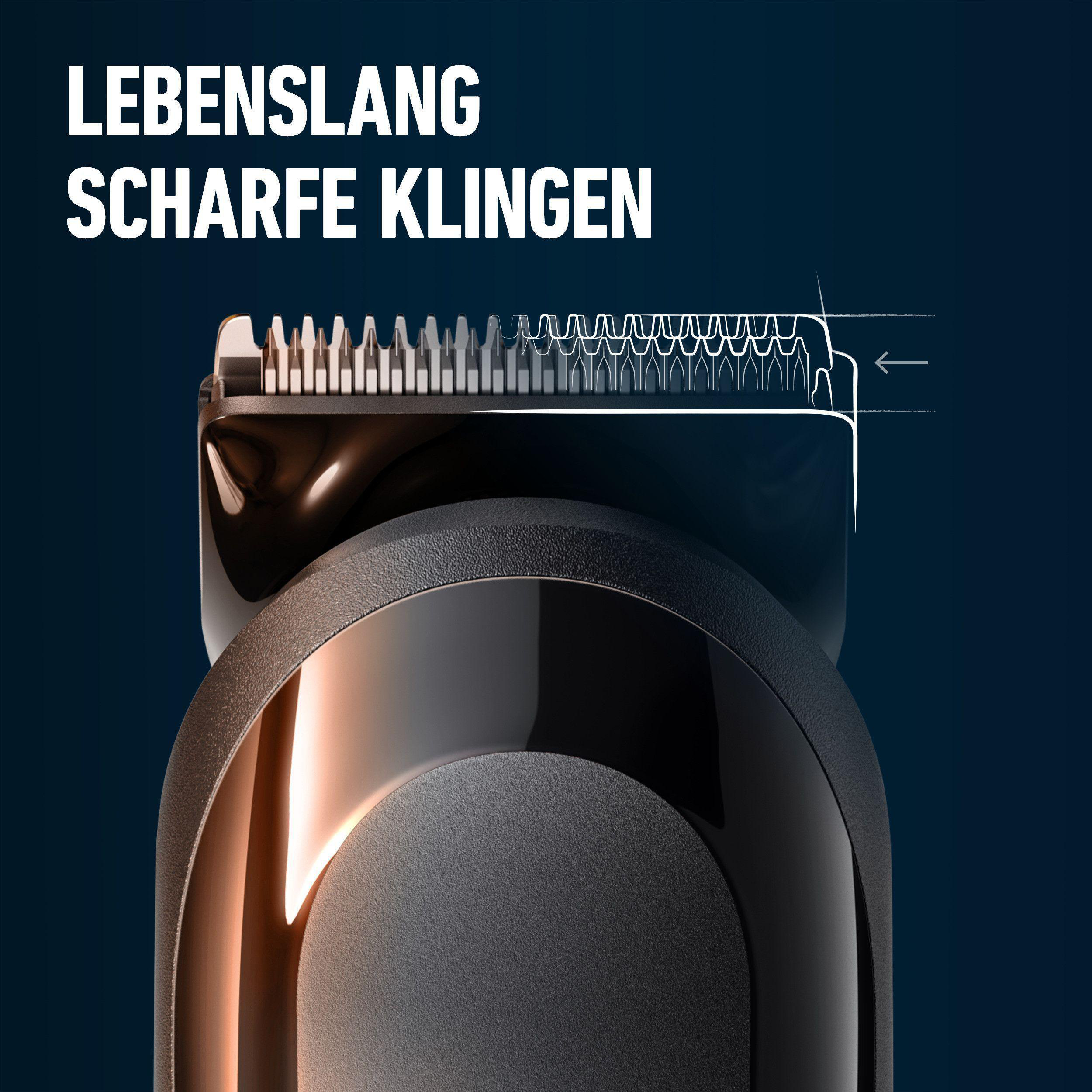 Nahaufnahme eines schwarzen und goldenen Haarschneiders mit den Klingen. Text: LEBENSLANG SCHARFE KLINGEN.
