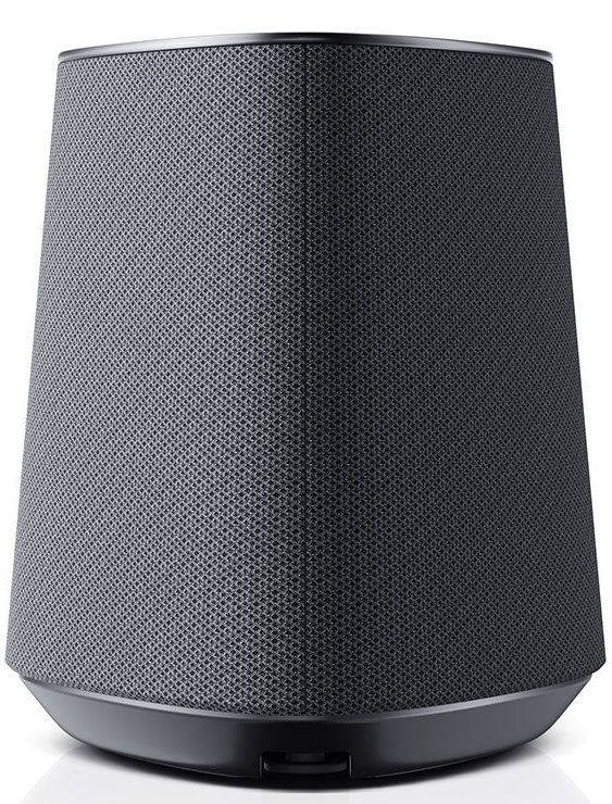 Czarny głośnik z siatkowym wzorem, cylindryczny kształt.