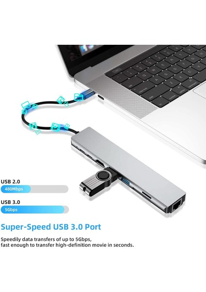 Bir dizüstü bilgisayara bağlı USB hub. USB 2.0 ve 3.0 bağlantı noktalarına sahip.