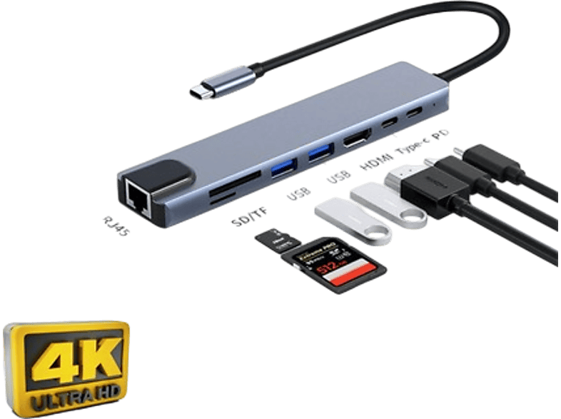 DAYTONA FC04 6 in 1 Type C to PD HDMI USB RJ45 Adapter Gri