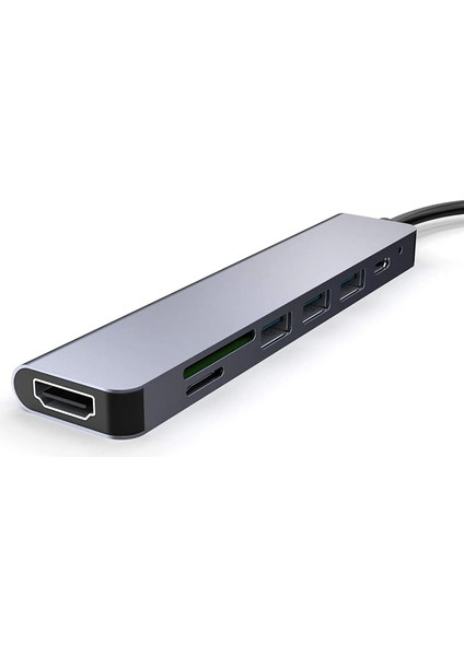 HDMI, USB ve SD kart yuvalarına sahip gri bir çoklu bağlantı noktası adaptörü.