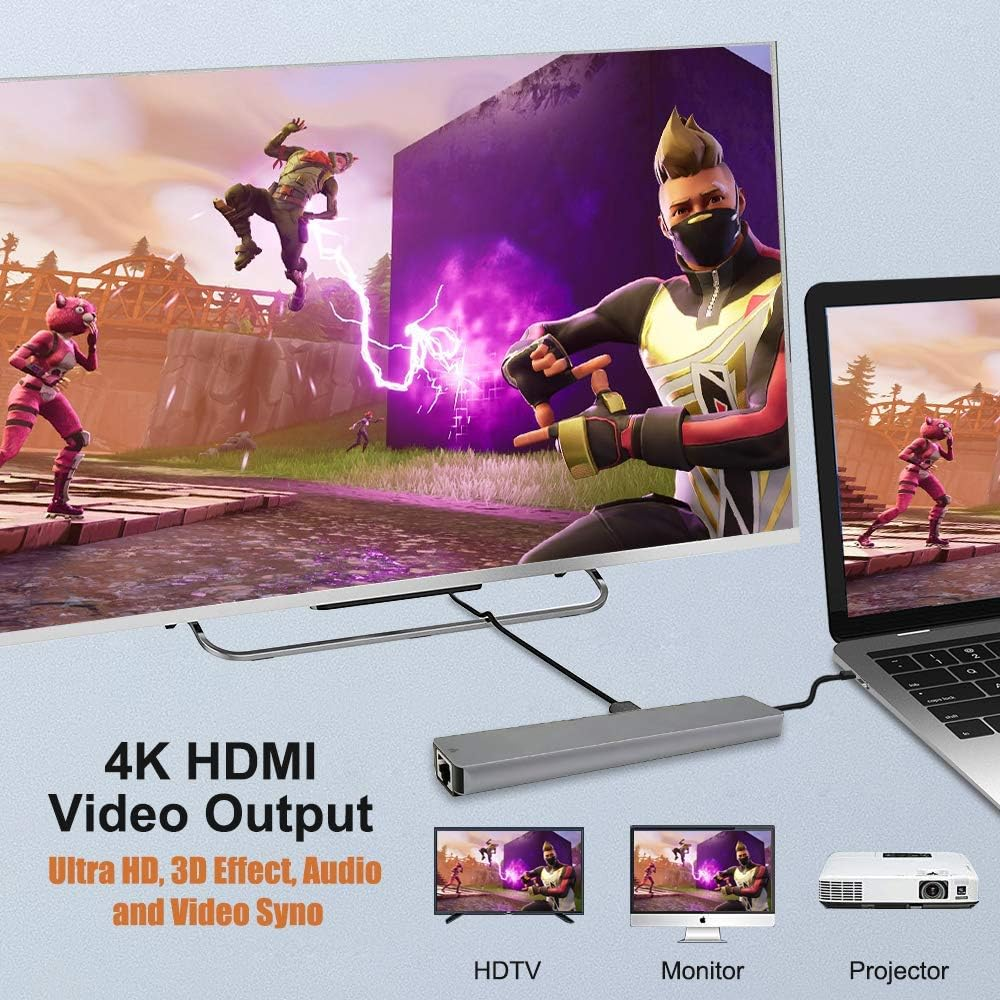 Dizüstü bilgisayar, HDMI hub ve projektör ile bir kurulum.