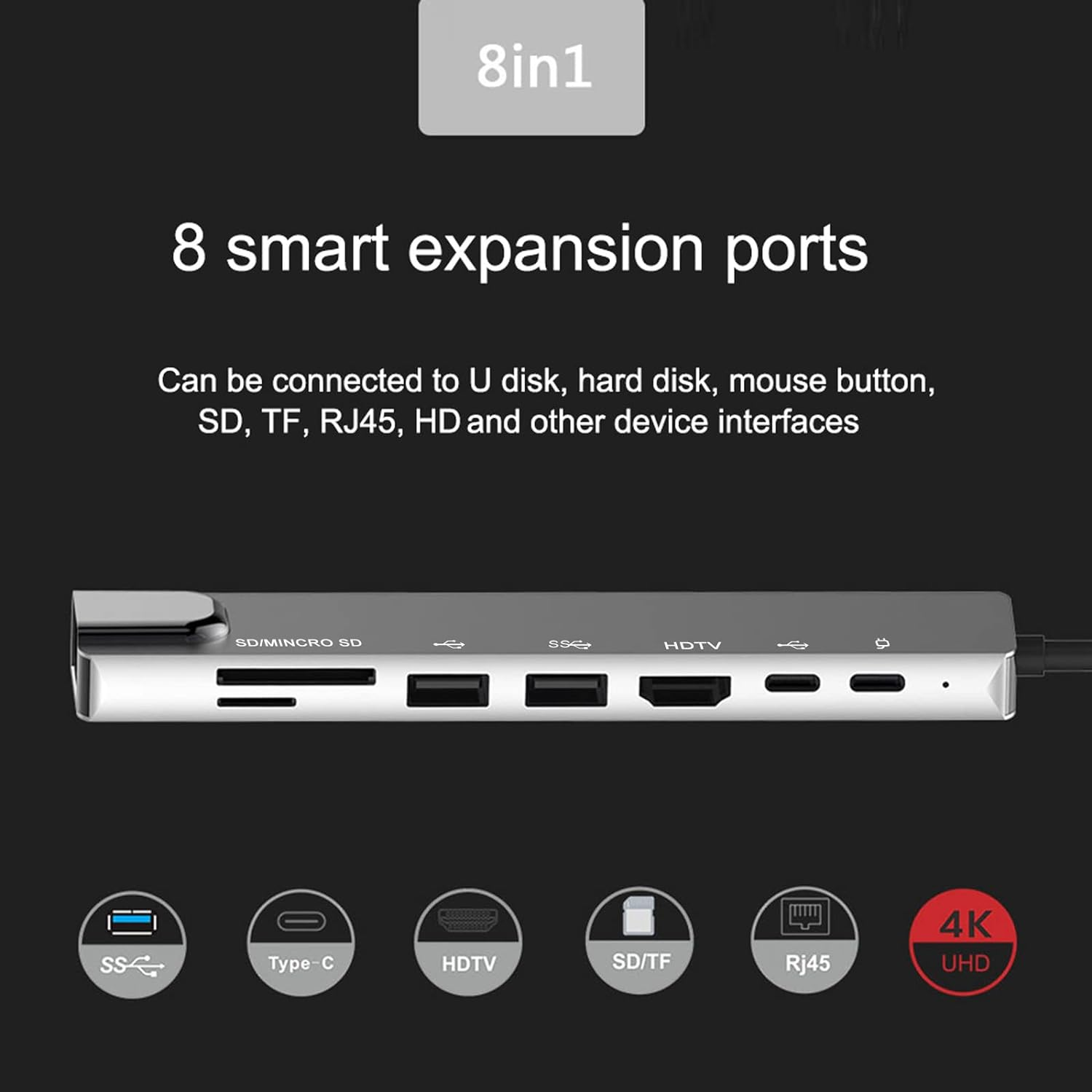 Çeşitli bağlantı noktalarına sahip cihazlar için 8'i 1 arada hub: USB, HDMI, SD kart ve diğerleri. Gümüş renk.
