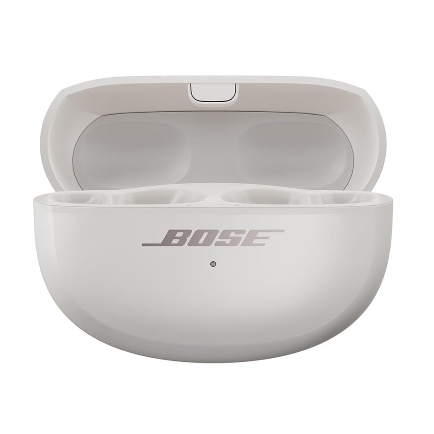 Custodia di ricarica per auricolari Bose bianchi aperta. Il logo Bose è in basso.
