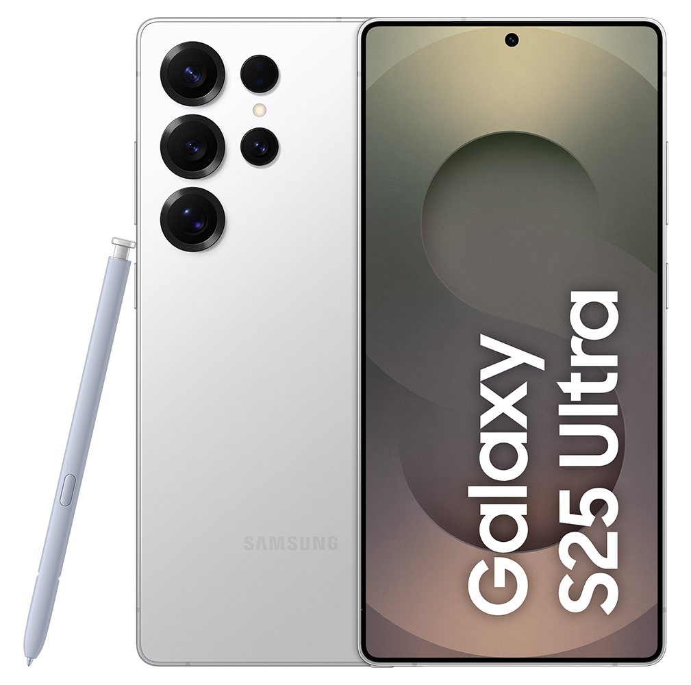 Telefon Samsung Galaxy S25 Ultra, biały z rysikiem, pokazujący obie strony.