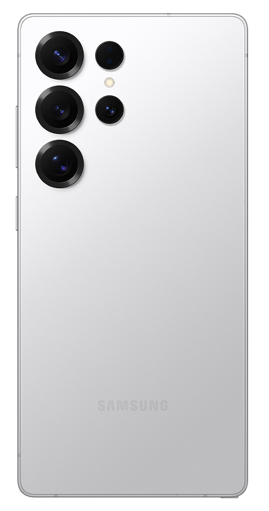 Tył białego smartfona z wieloma aparatami. Logo Samsung na dole.