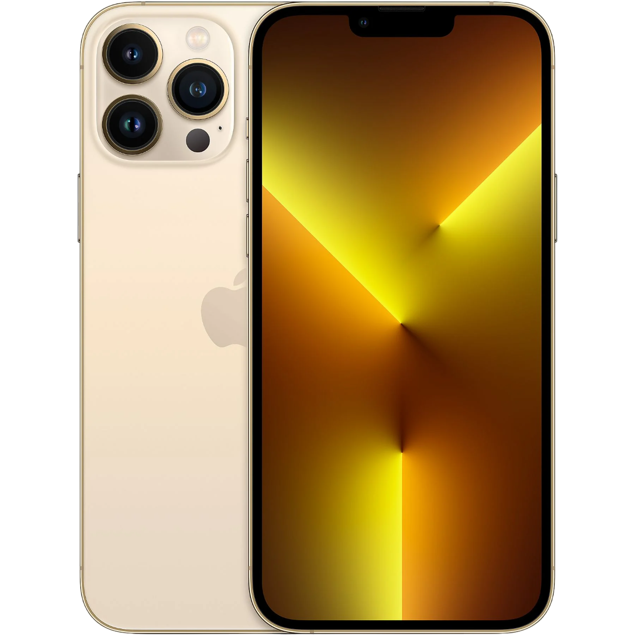 Üç arka kameralı ve Apple logosu olan altın renkli akıllı telefon.