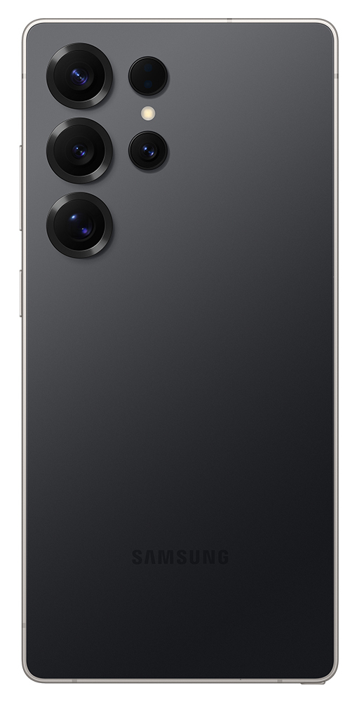 Tył czarnego telefonu z wieloma aparatami, lampą błyskową i logo Samsung.