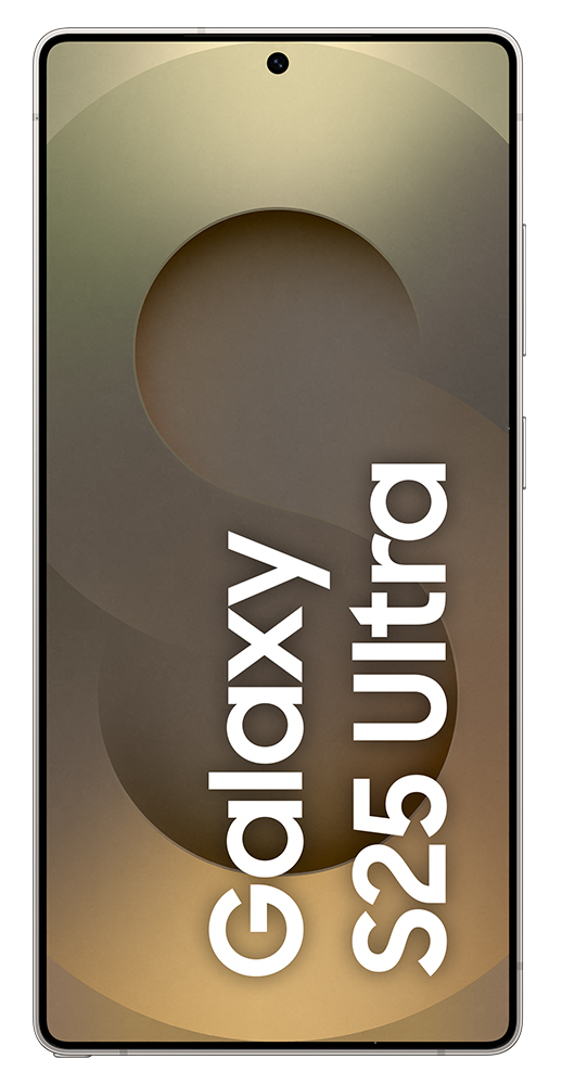 Biały telefon z tekstem Galaxy S25 Ultra. Tło ze złotym okrągłym wzorem.