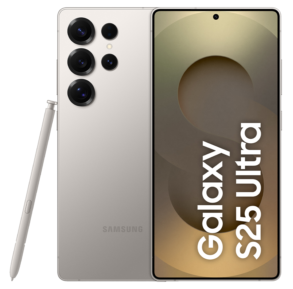 Srebrny telefon Samsung Galaxy S25 Ultra z rysikiem, na białym tle.